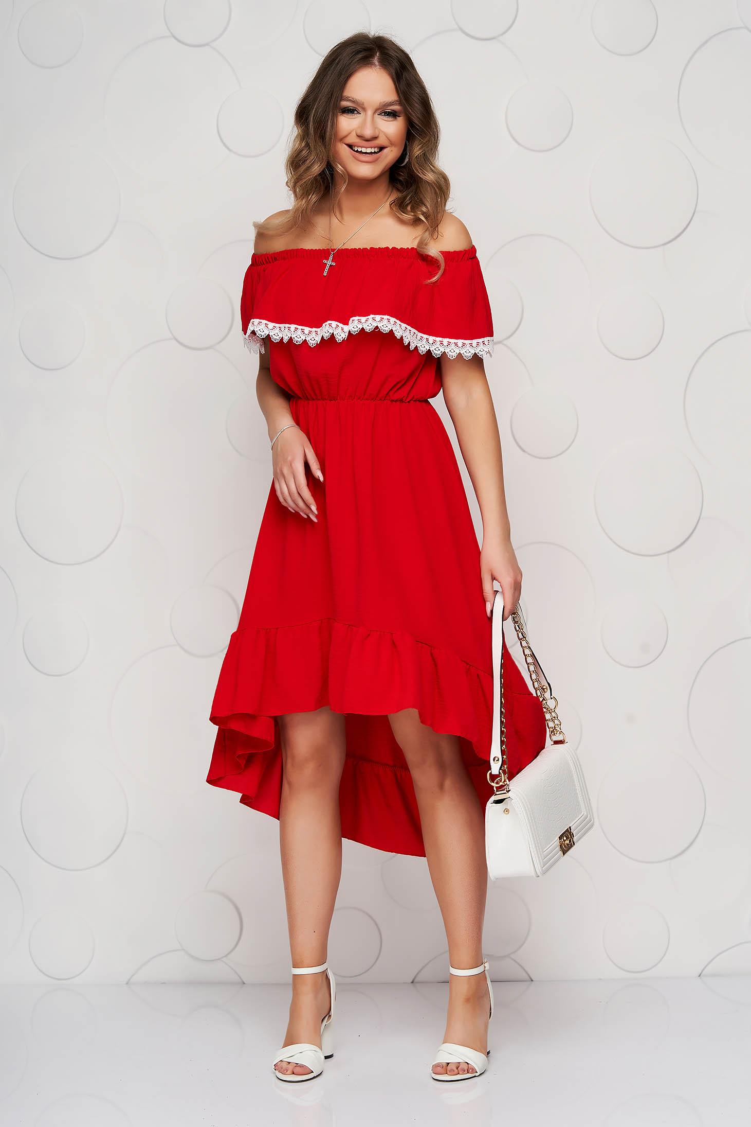 red ruffle dress off shoulder