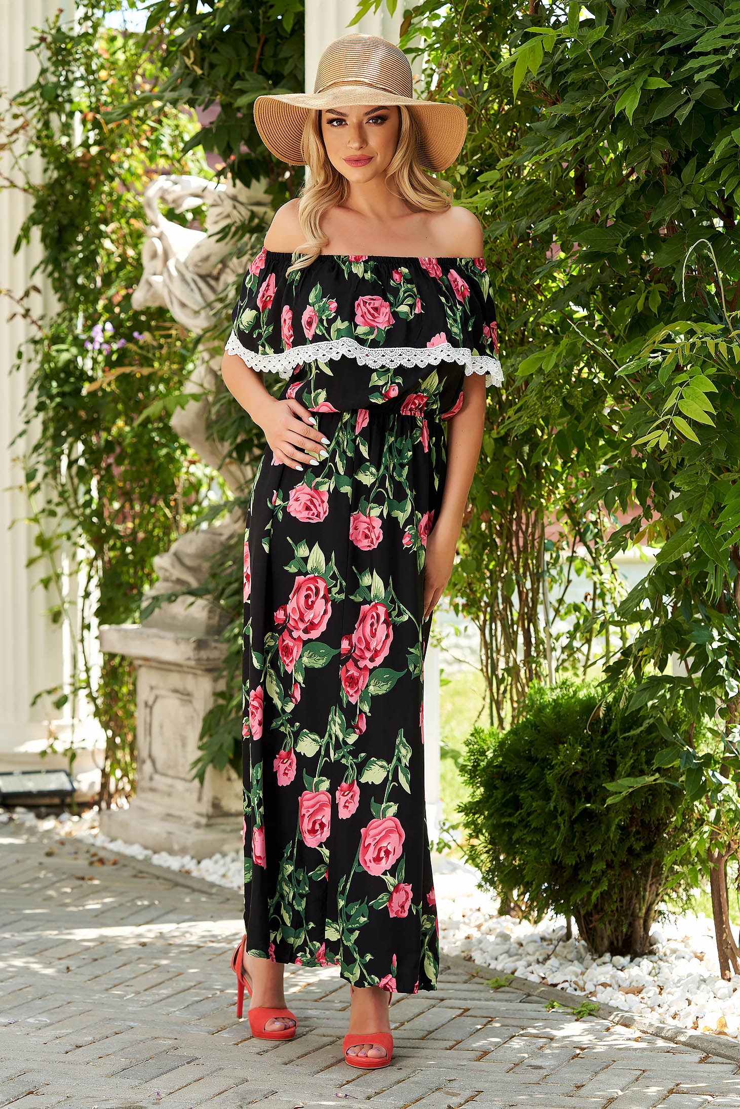 Rochie SunShine neagra lunga de zi din bumbac cu volanase si umeri goi