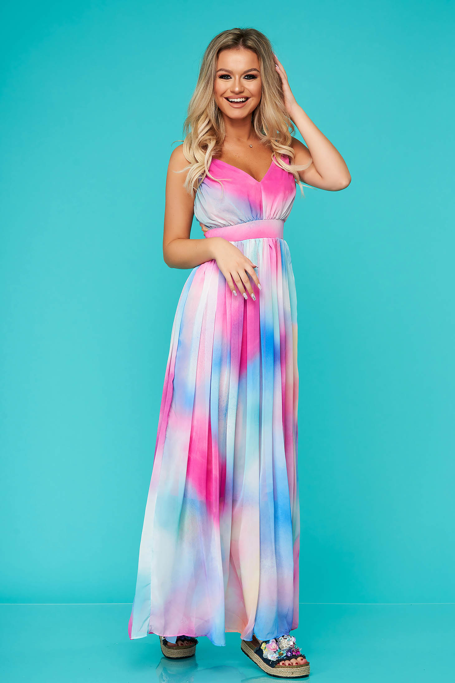 Pink dress long daily from veil fabric with vneckline with straps