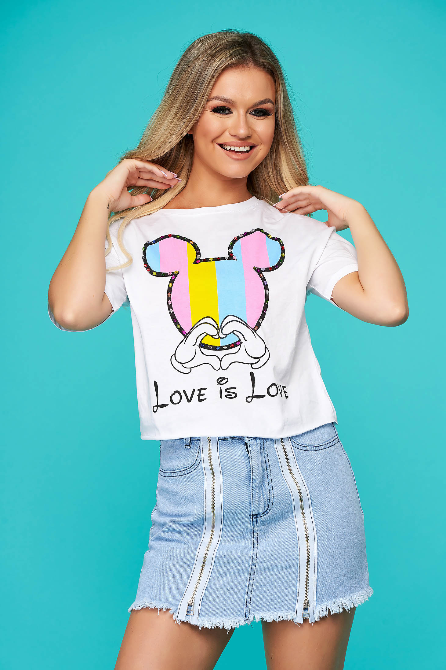 Tricou SunShine alb casual scurt cu croi larg si imprimeuri grafice