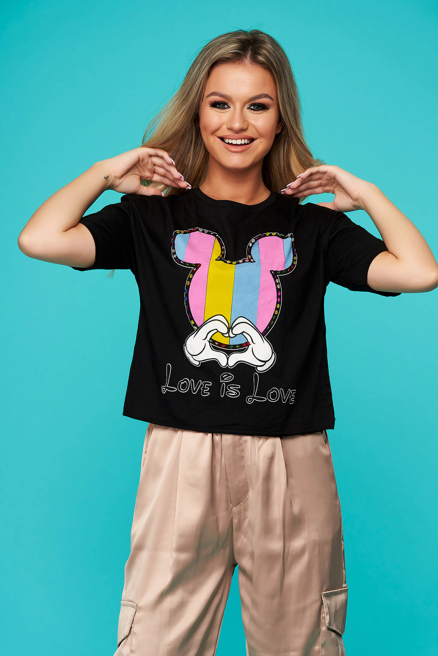 Tricou SunShine negru casual scurt cu croi larg si imprimeuri grafice