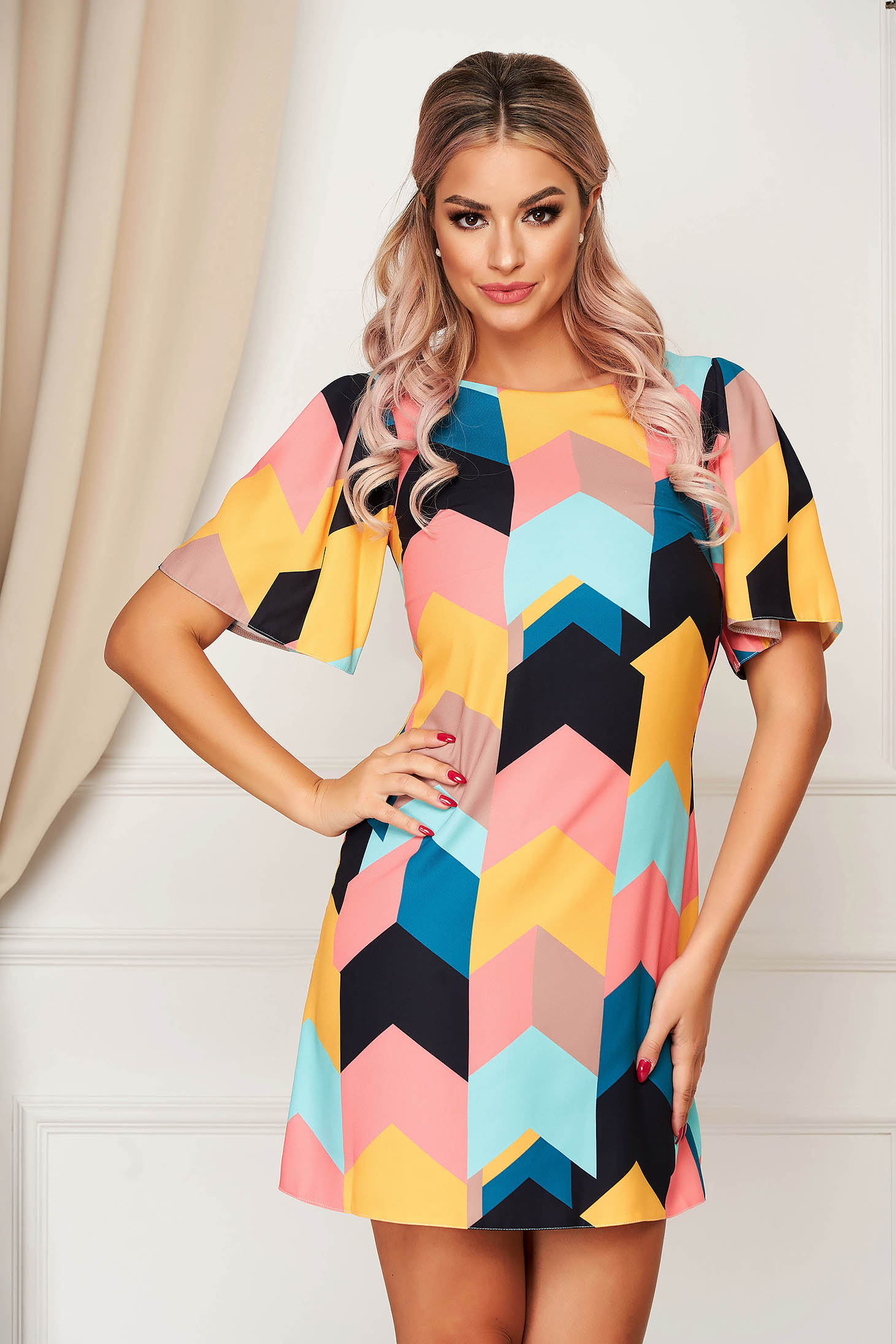 Rochie StarShinerS multicolora eleganta cu croi in a din stofa usor elastica