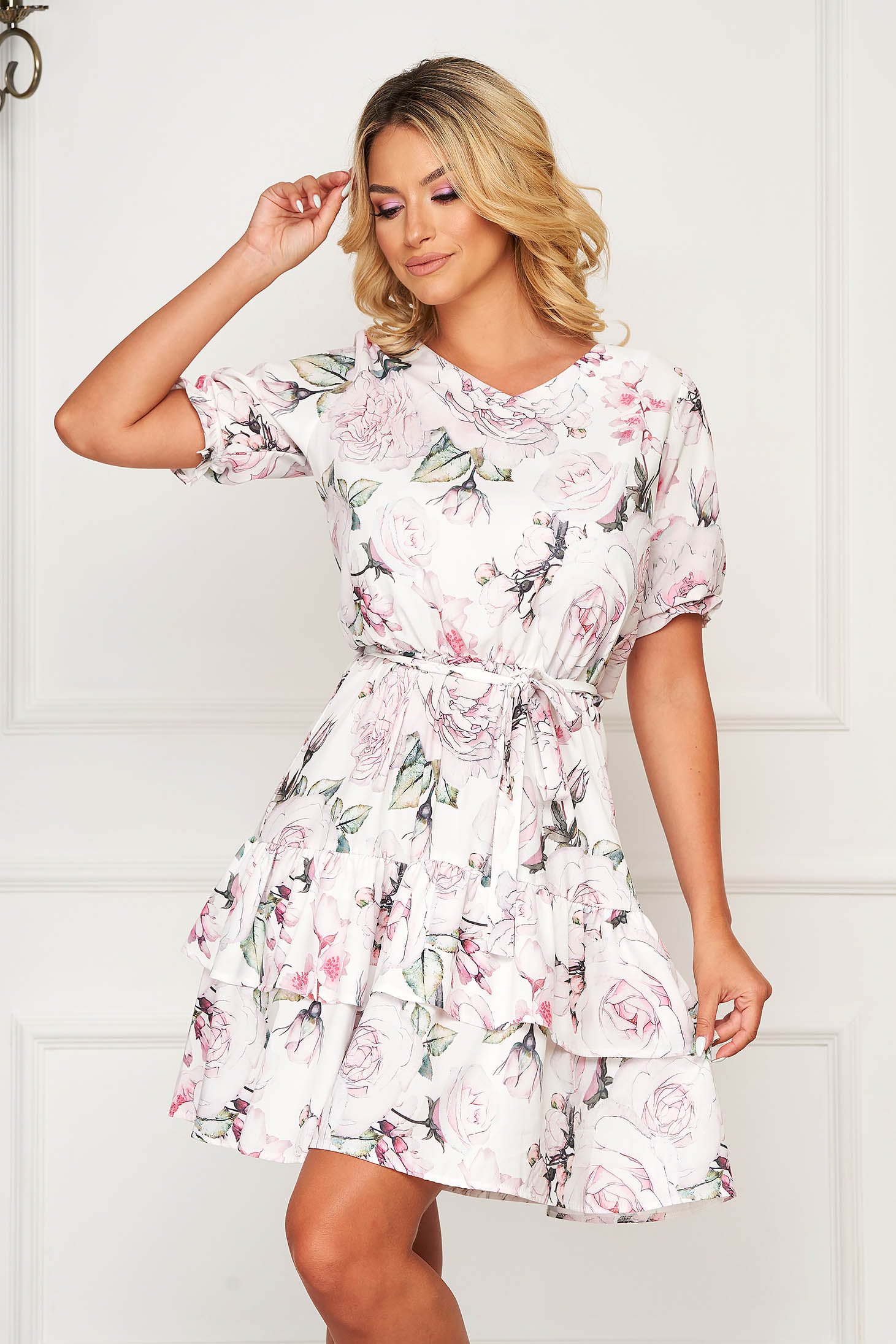 Rochie StarShinerS alba scurta de zi cu volanase cu maneci scurte clos cu elastic in talie