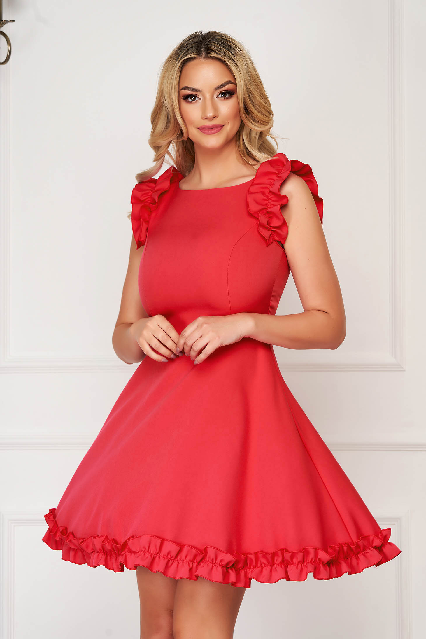 - StarShinerS red dress short cut cloth with ruffled sleeves cloche