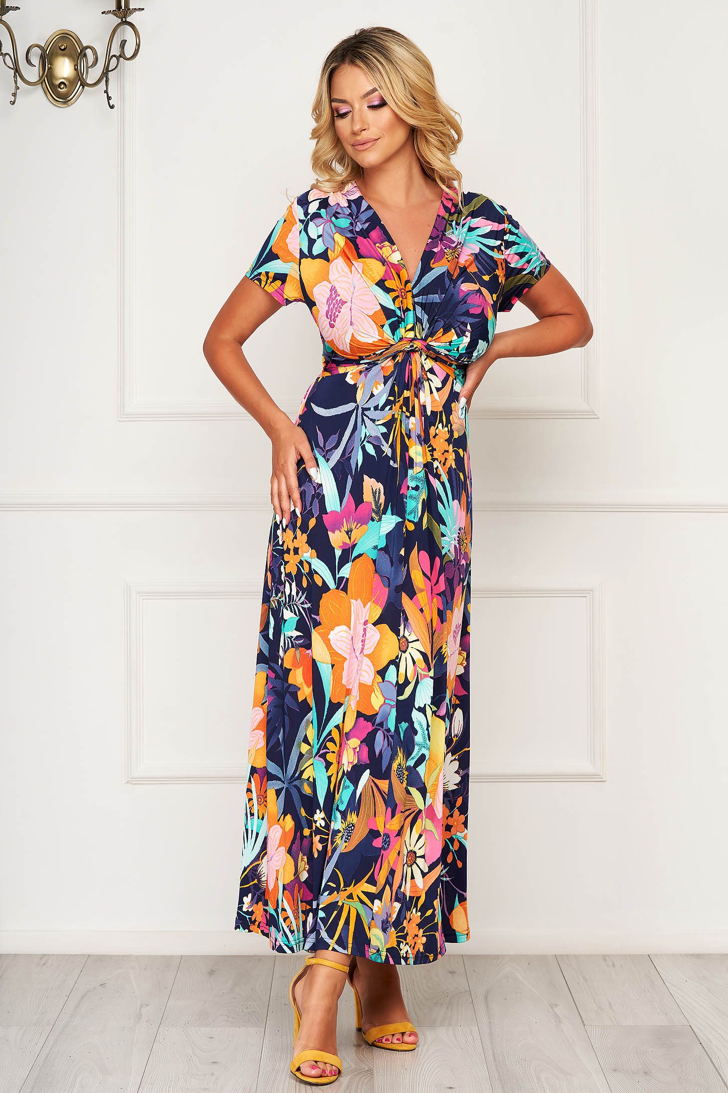 Rochie StarShinerS albastru-inchis lunga de zi din lycra in clos cu maneci scurte