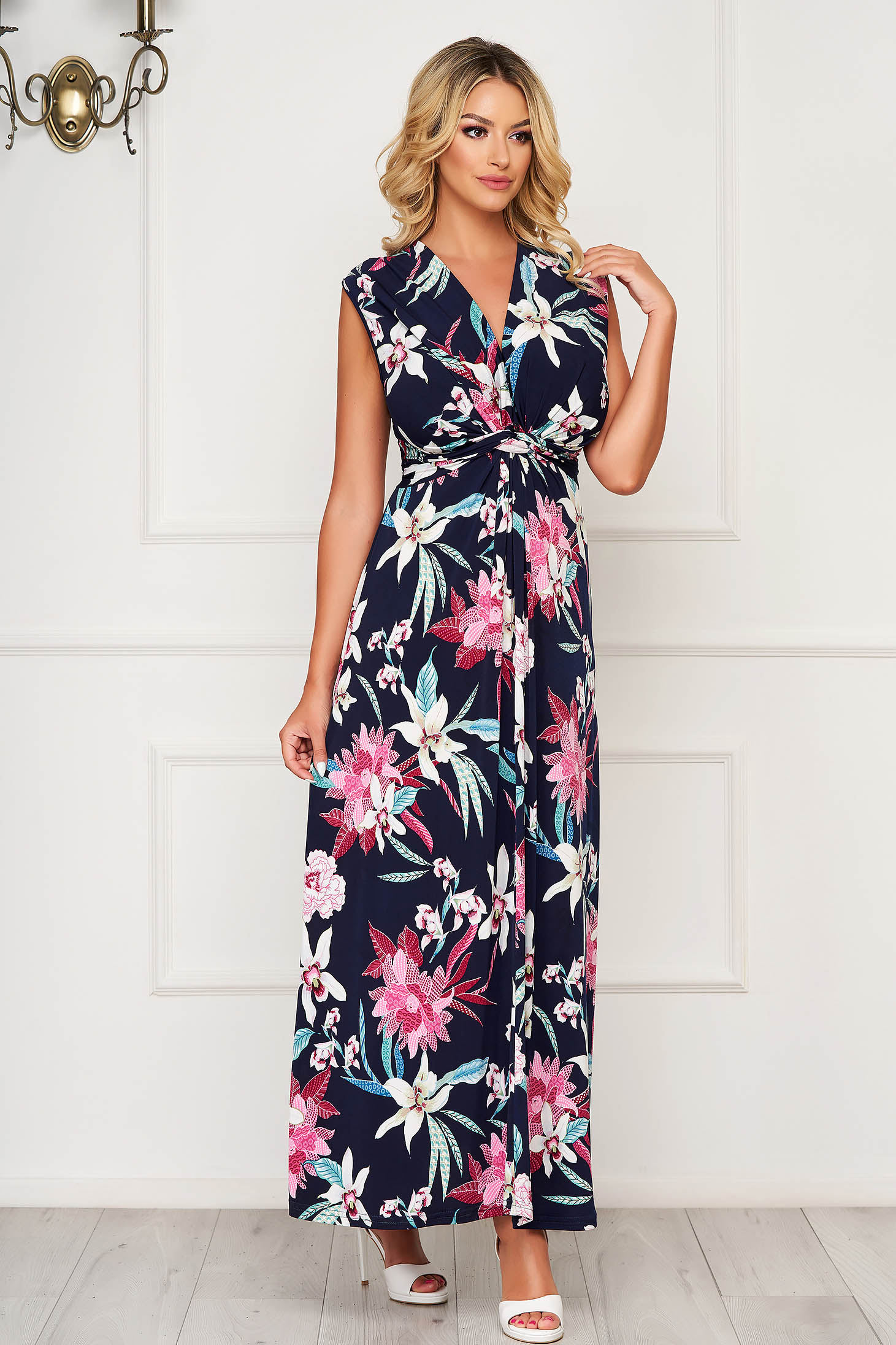 Rochie StarShinerS albastru-inchis lunga de zi in clos din lycra cu decolteu in v