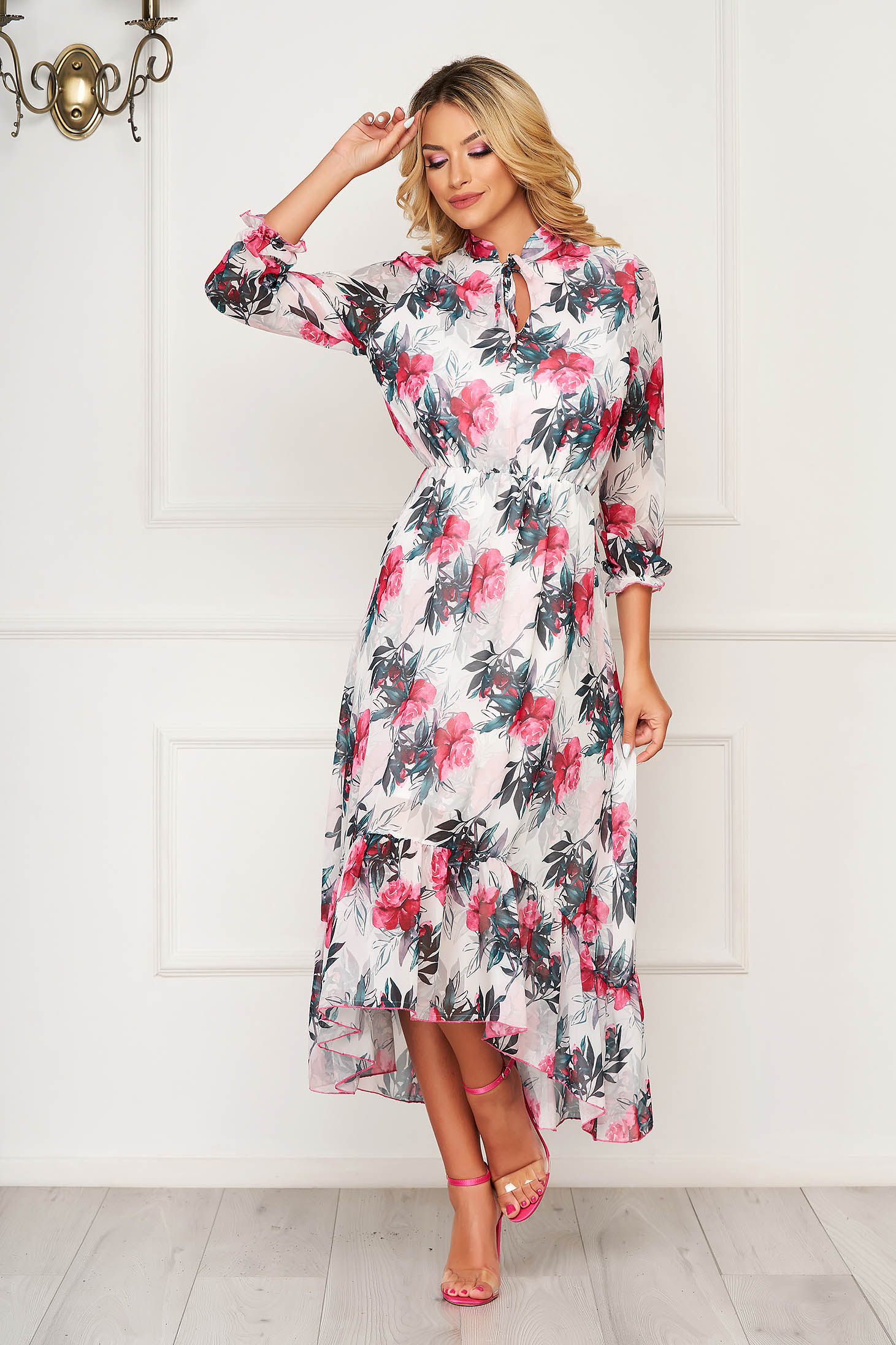 Rochie StarShinerS alba midi de zi din voal in clos cu elastic in talie si volanase