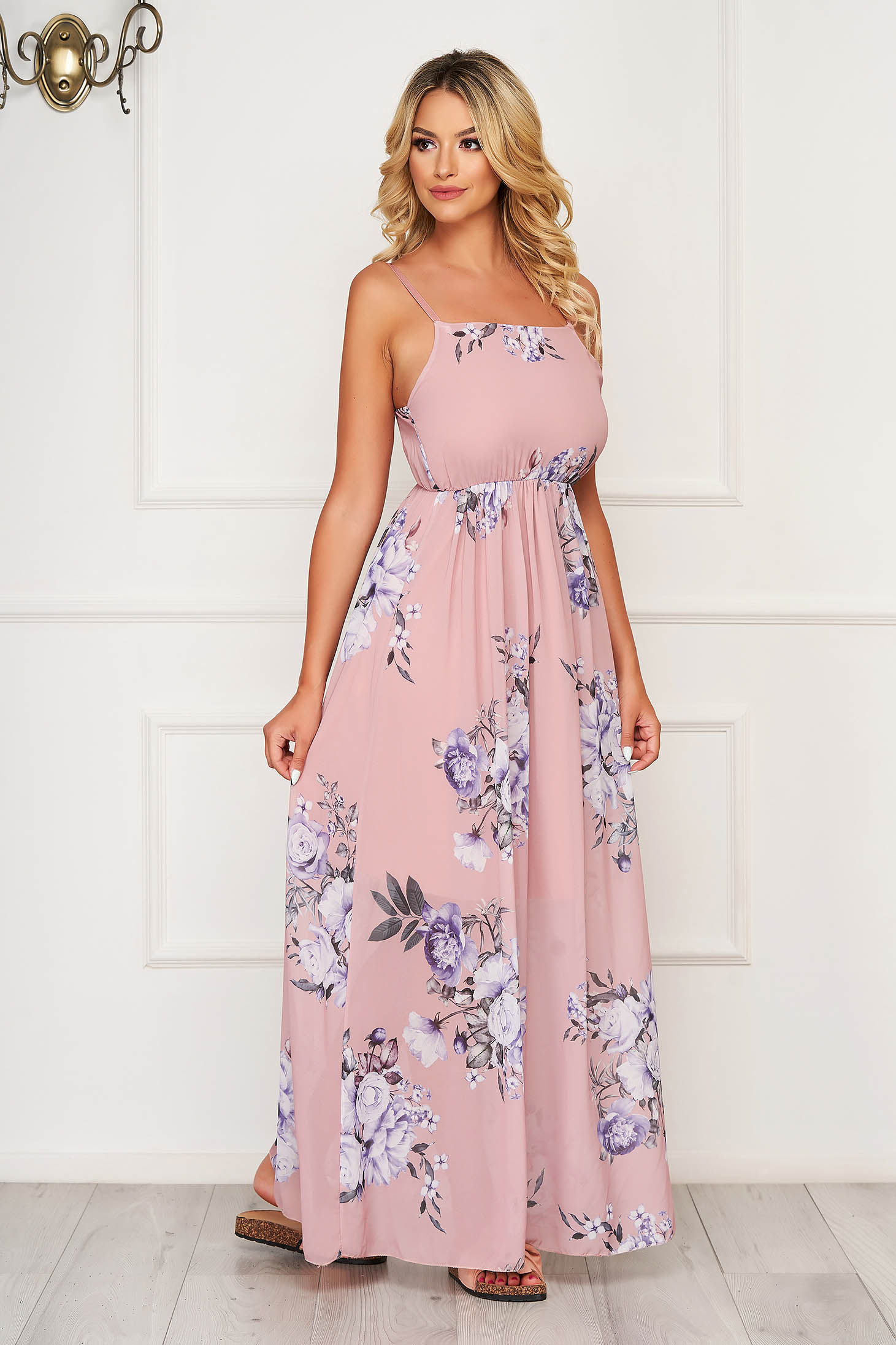 Rochie SunShine roz prafuit lunga de zi fara maneci din material subtire in clos