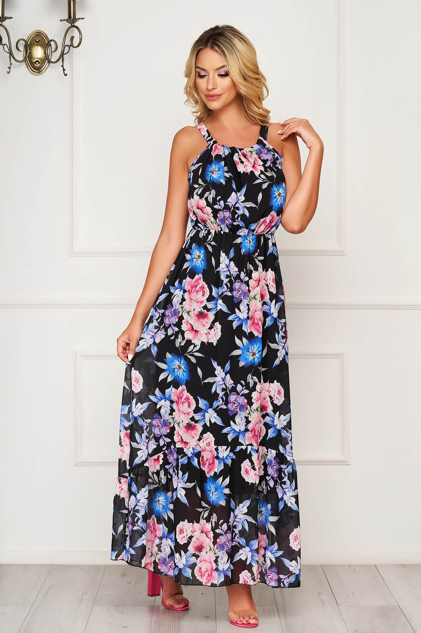 StarShinerS black dress long daily sleeveless thin fabric cloche with elastic waist