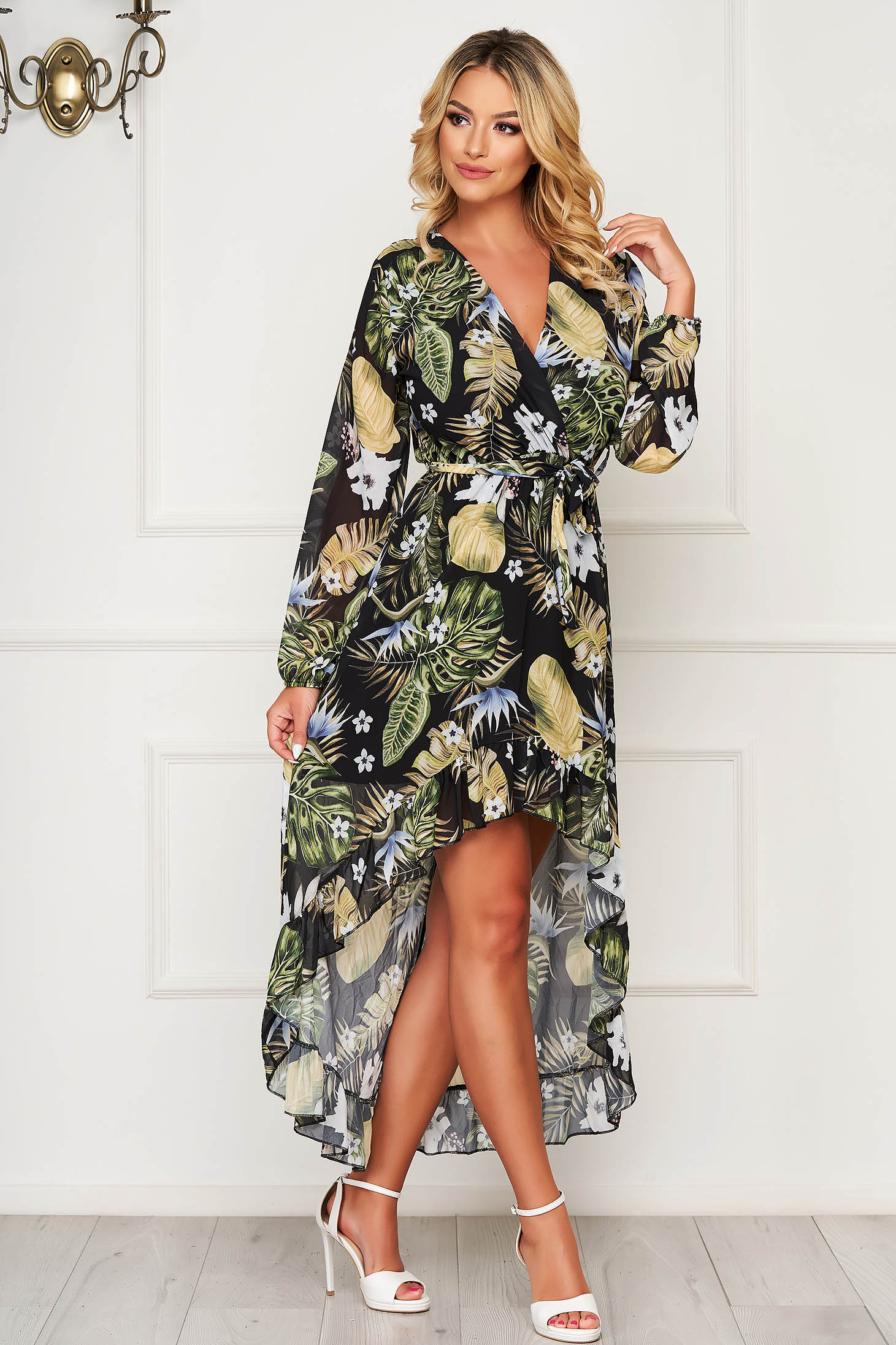 Rochie SunShine neagra asimetrica de zi material subtire in clos cu volanase