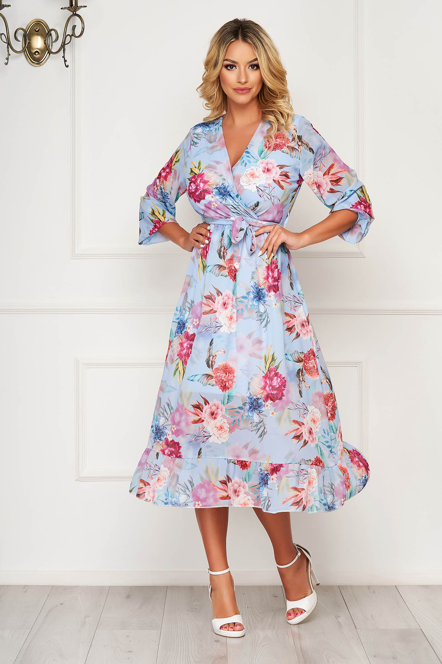 StarShinerS lightblue dress midi daily cloche with elastic waist with ruffle details thin fabric