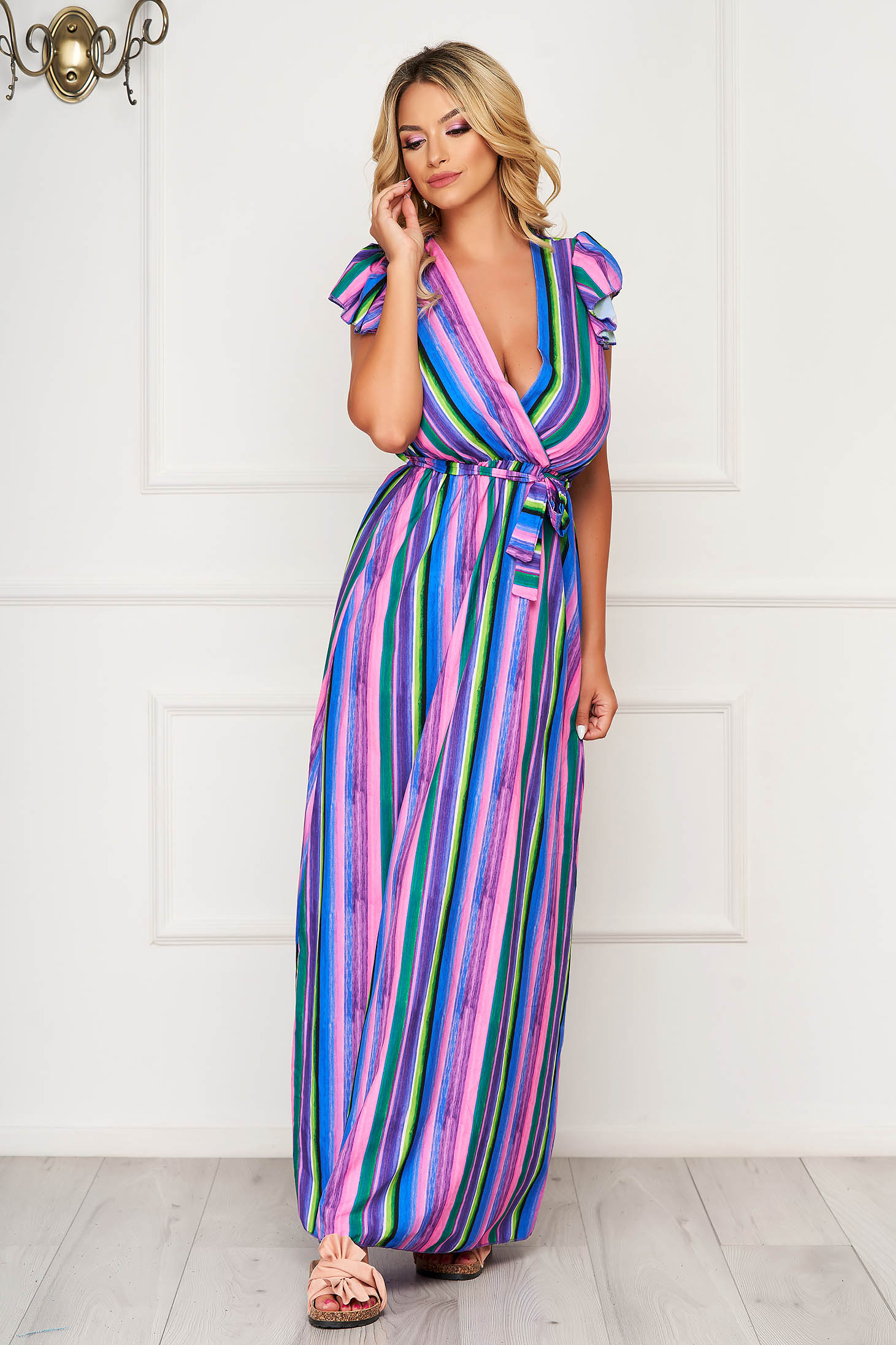 Rochie multicolora lunga de zi din material subtire cu elastic in talie