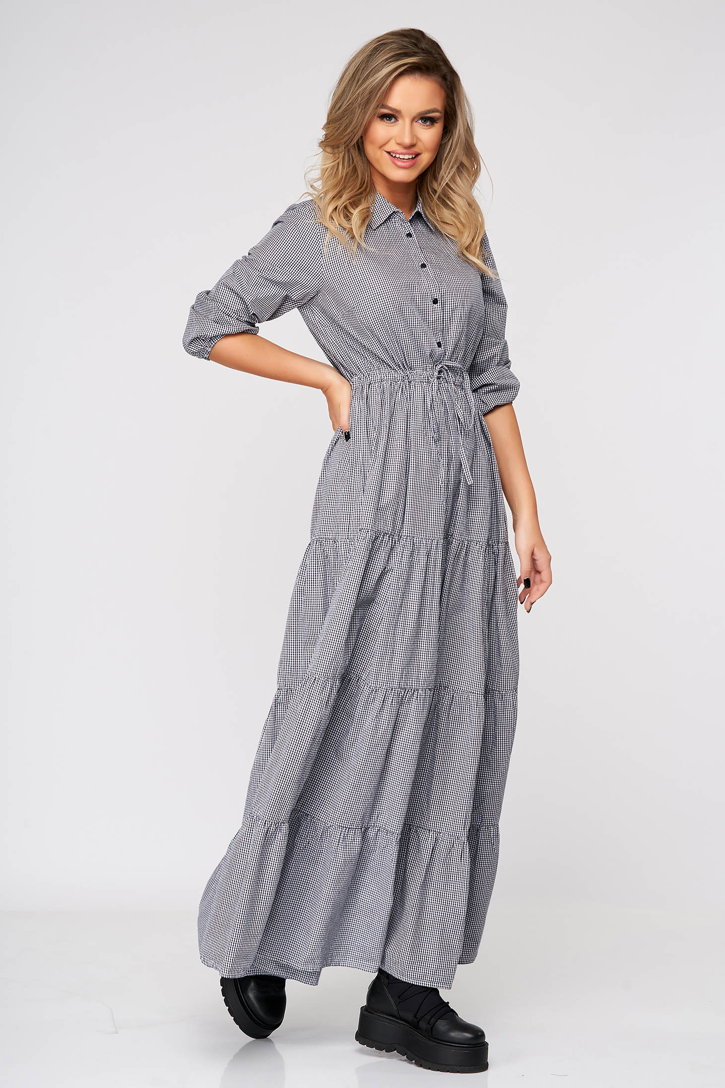 Rochie Top Secret in carouri casual din bumbac in clos cu snur in talie