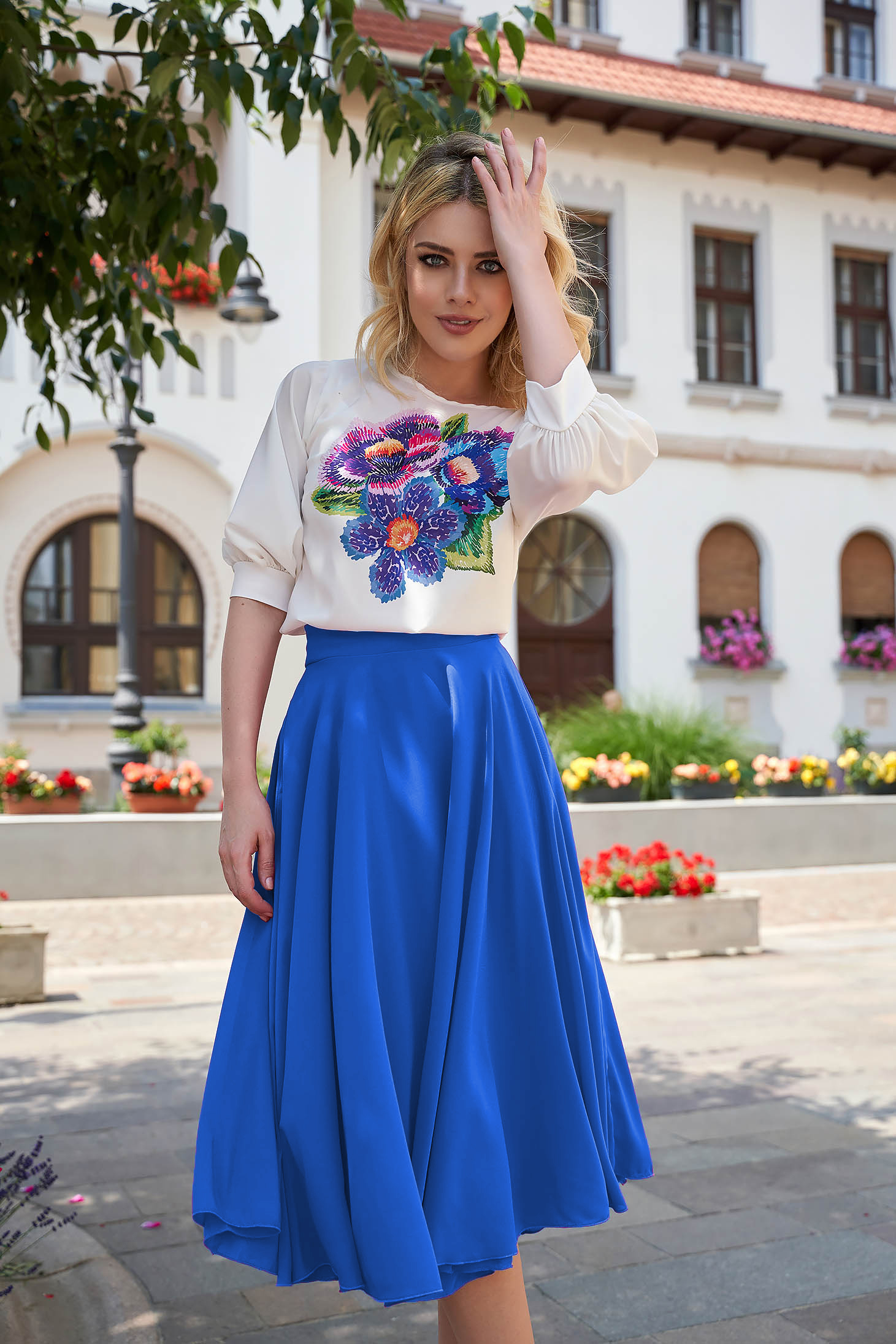 veil fabric high waisted blue skirt