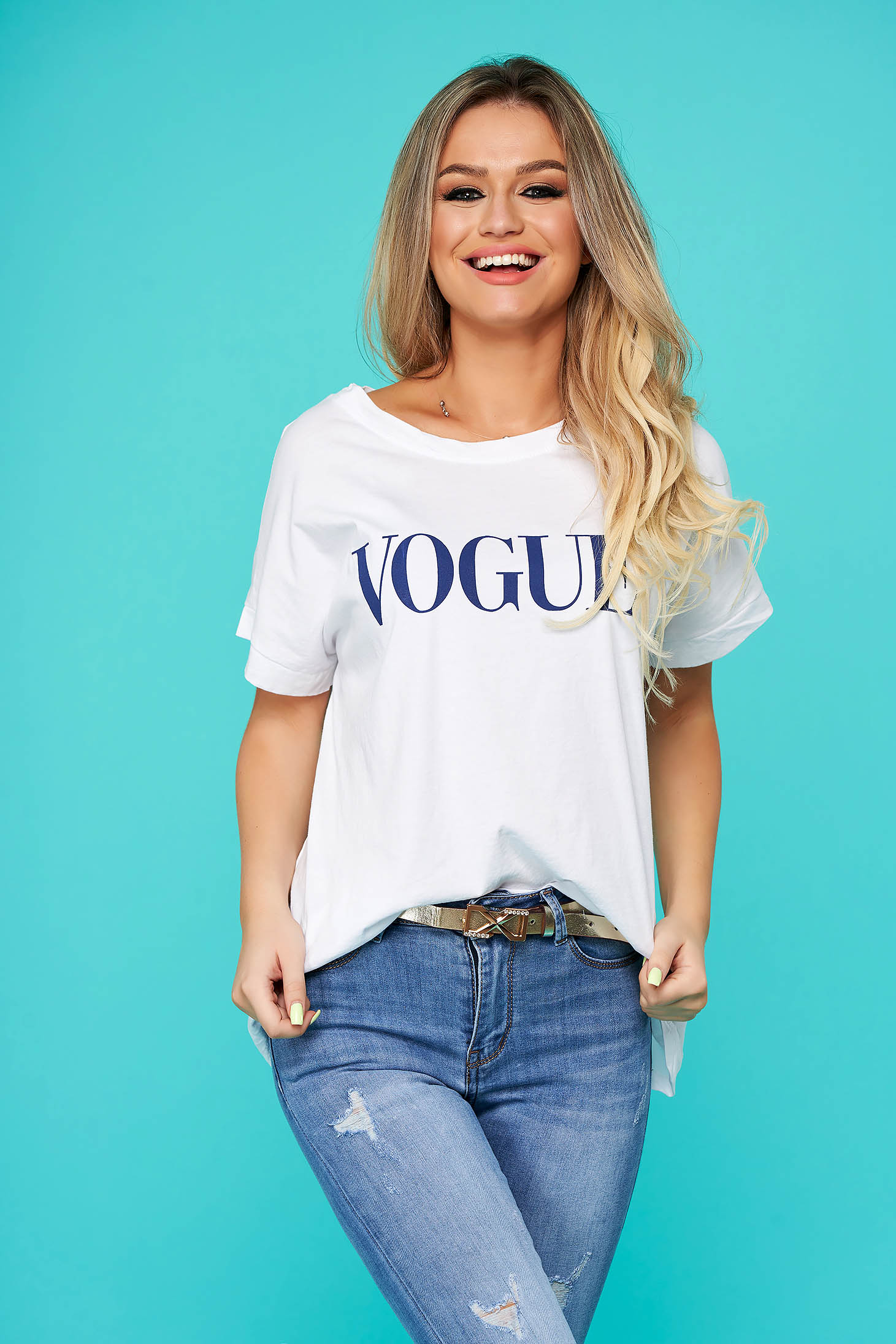 Tricou SunShine alb casual cu croi larg cu maneca scurta din bumbac