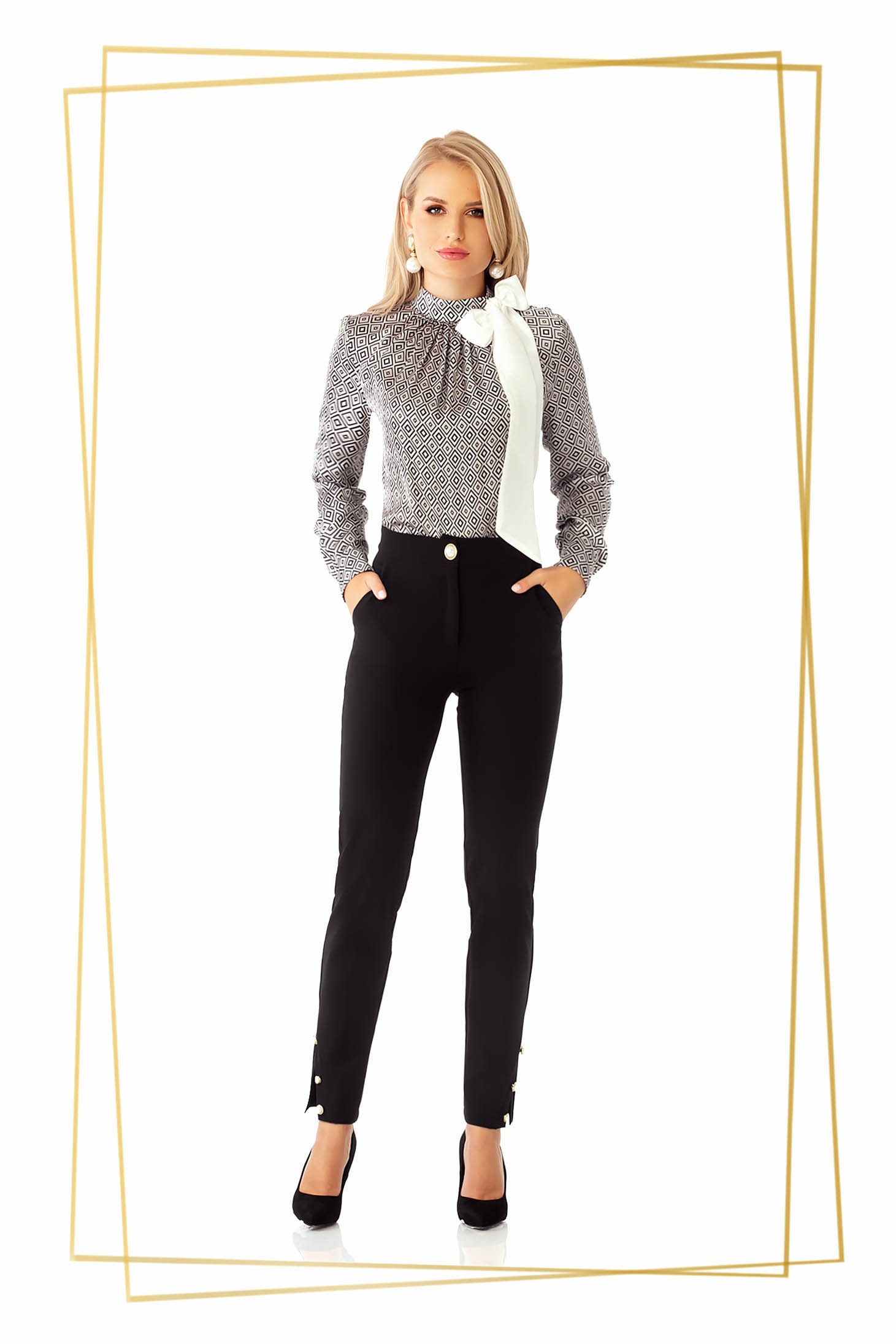 Pantaloni PrettyGirl negri office conici cu talie medie cu un croi mulat din stofa