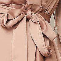 Rochie SunShine crem eleganta in clos decolteu petrecut din material satinat cu volanase la baza rochiei accesorizata cu cordon