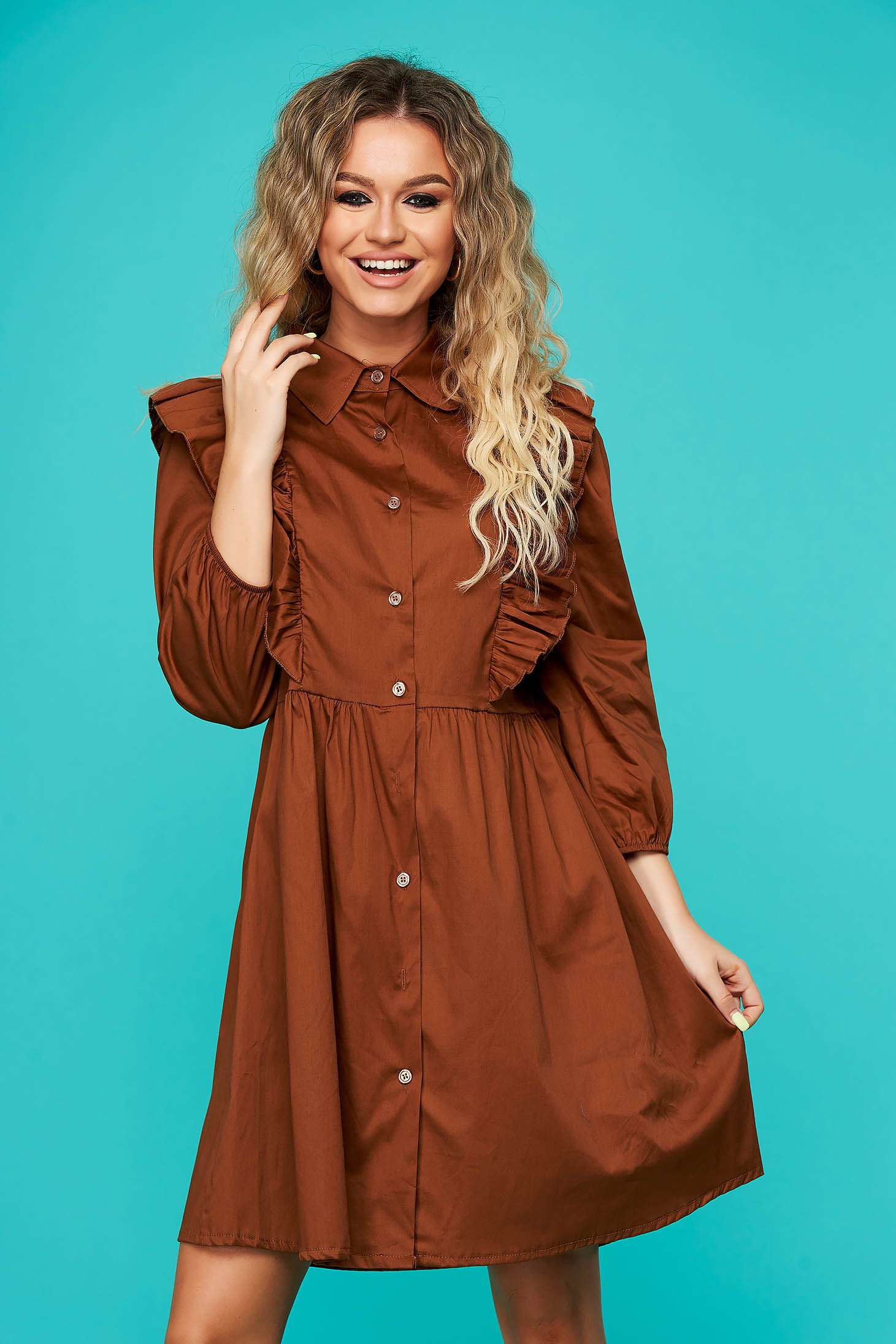 Brown dress daily flared 3/4 sleeve with ruffle details nonelastic cotton 1 - StarShinerS.com