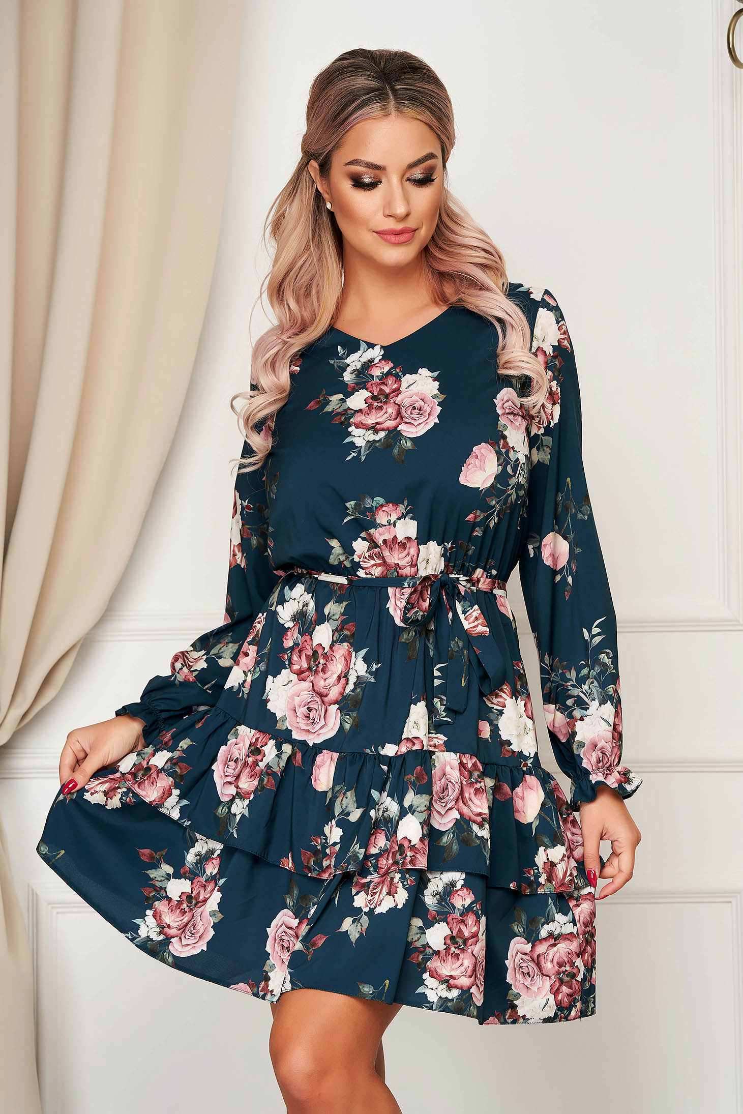 Rochie StarShinerS verde petrol de zi clos cu elastic in talie cu decolteu in v cu volanase la baza rochiei