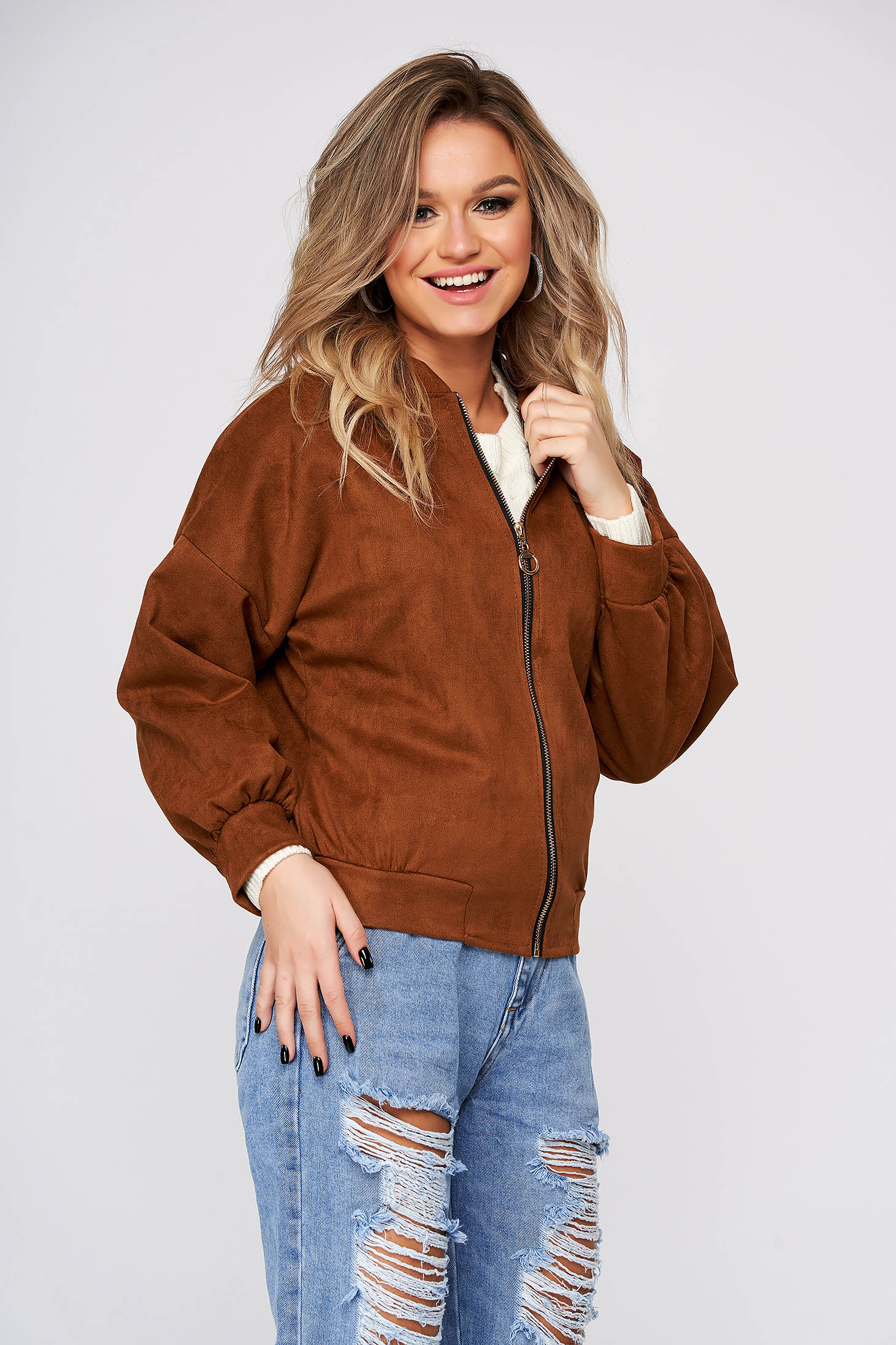 Geaca SunShine maro casual scurta din material moale