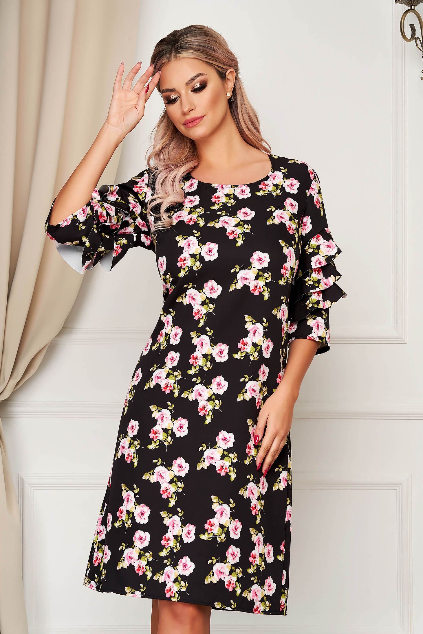 Rochie Lady Pandora neagra midi de zi din material subtire cu un croi drept si volanase la maneca