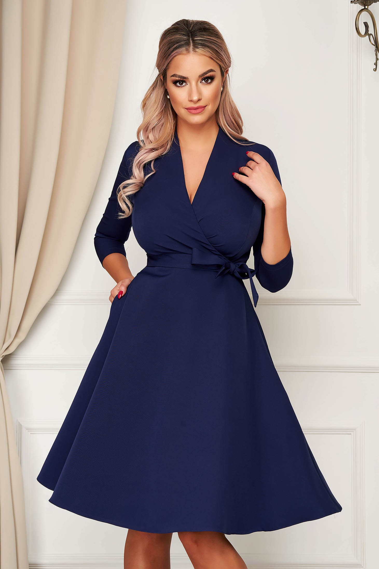 Rochie StarShinerS albastru-inchis eleganta midi in clos din stofa usor elastica cu buzunare