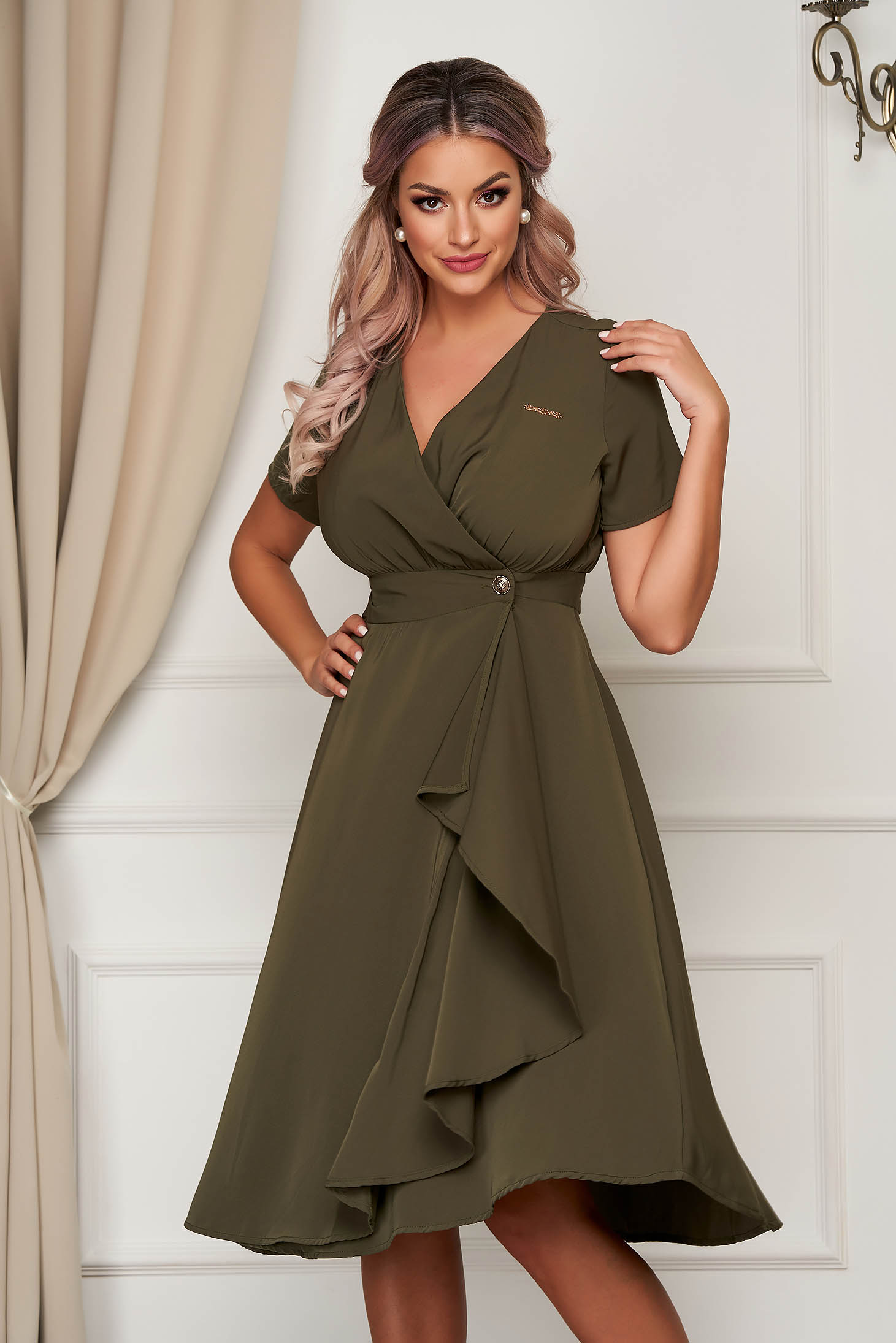 Rochie SunShine khaki midi de zi din material subtire in clos cu decolteu in v