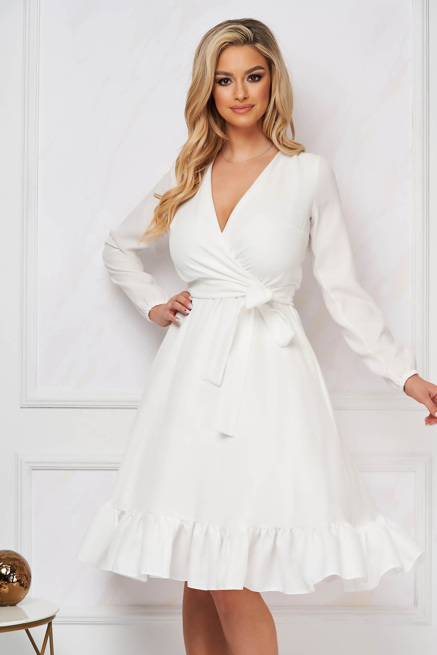 Dress white slightly elastic fabric midi cloche with elastic waist wrap over front - StarShinerS