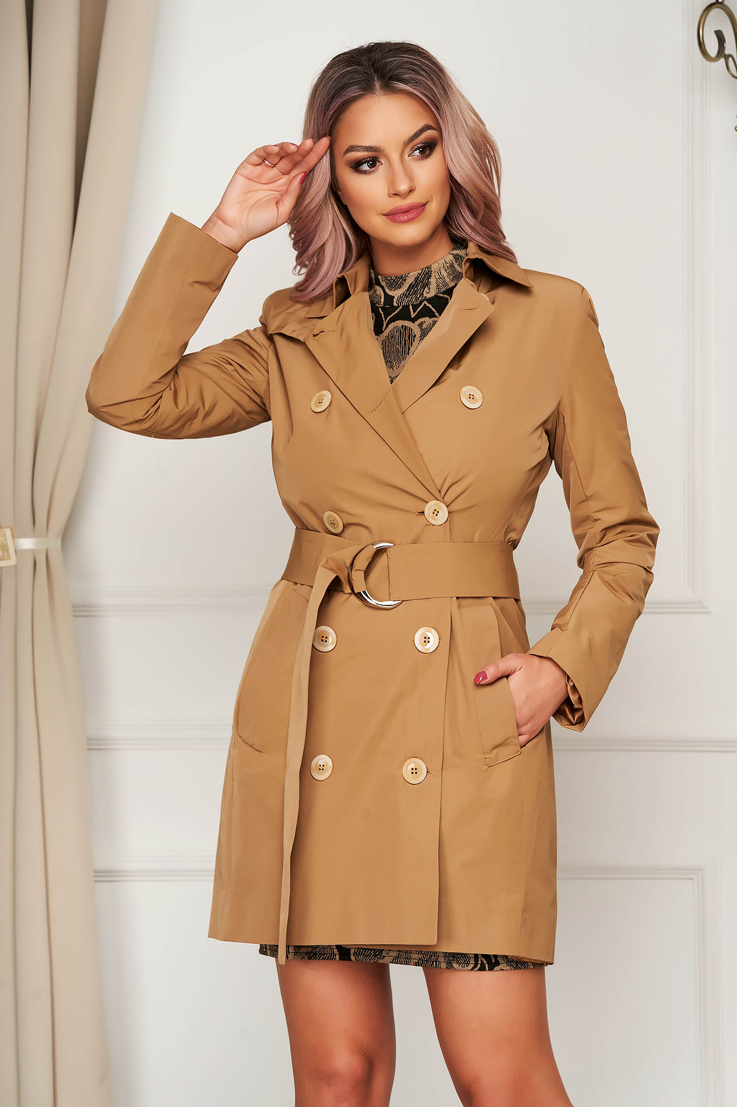 Casual cream trenchcoat arched cut accessorized with tied waistband 1 - StarShinerS.com