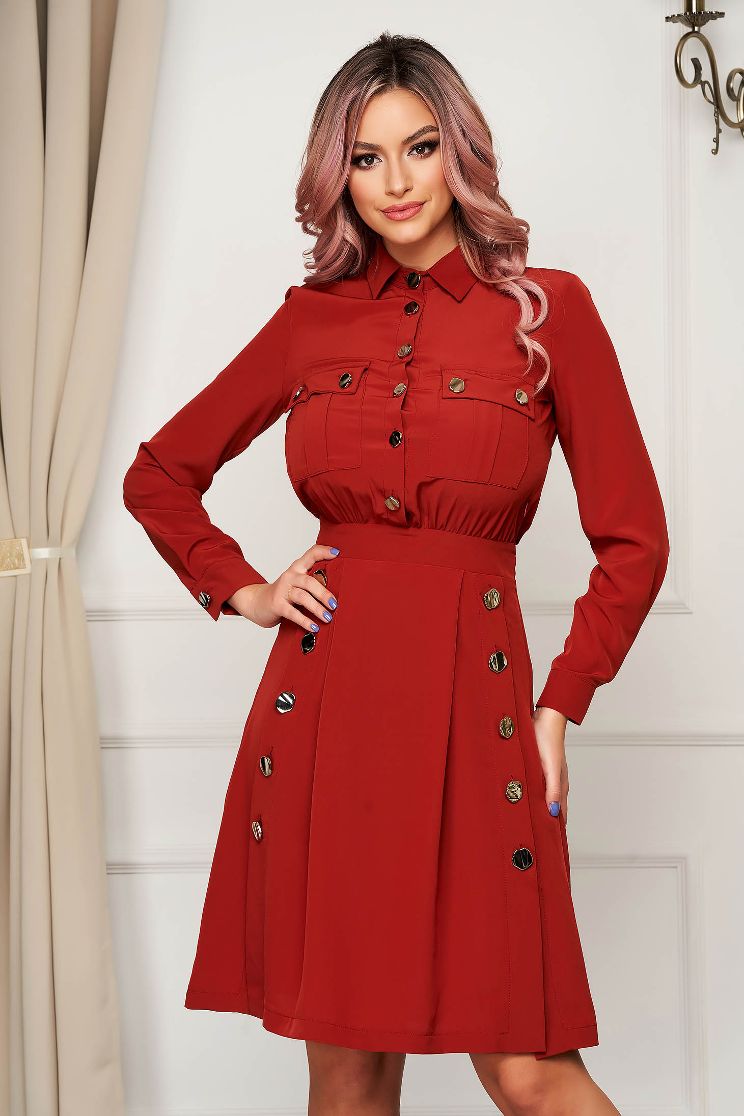 Rochie PrettyGirl caramizie midi de zi in clos cu maneci lungi