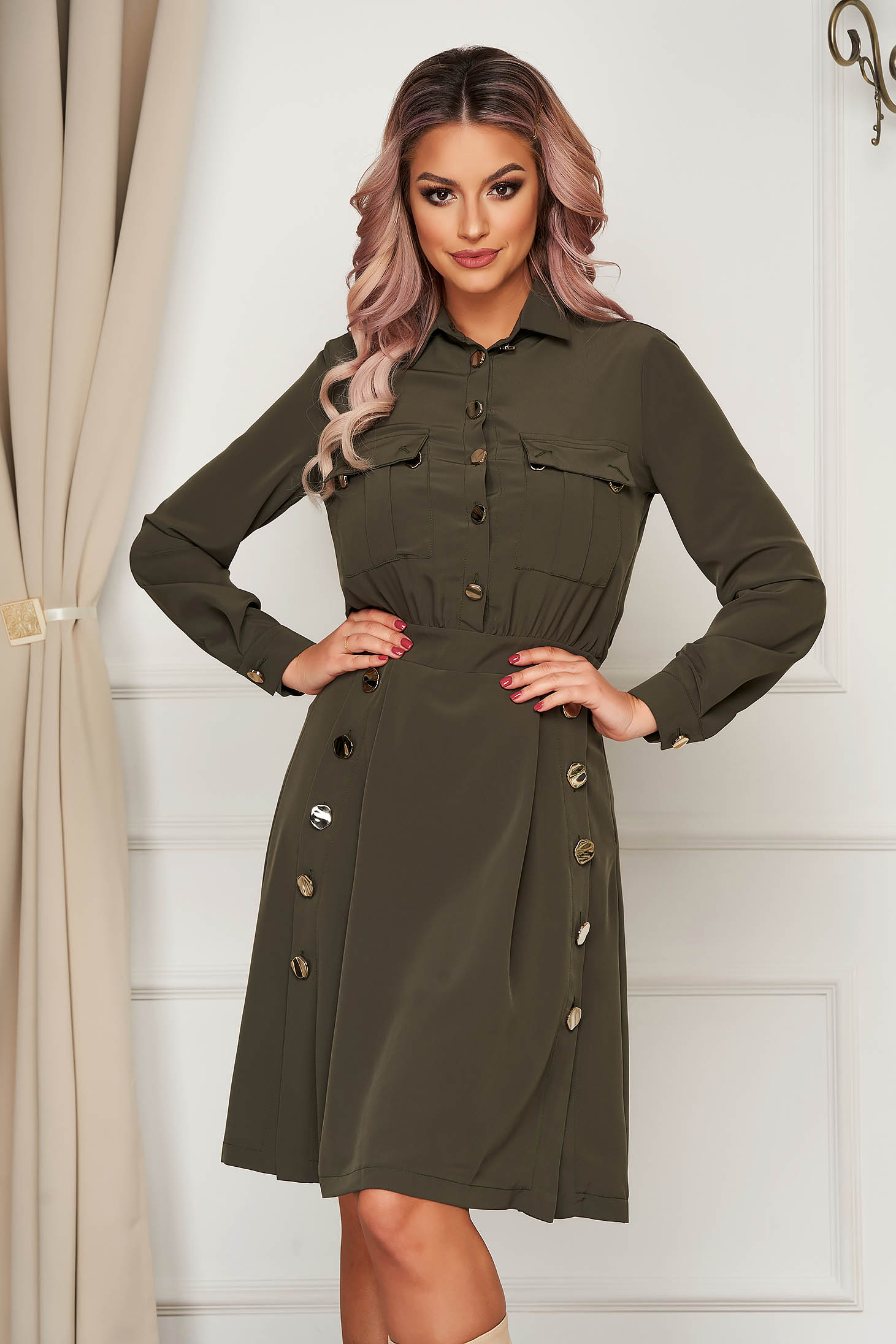 Rochie PrettyGirl khaki midi de zi in clos cu maneci lungi