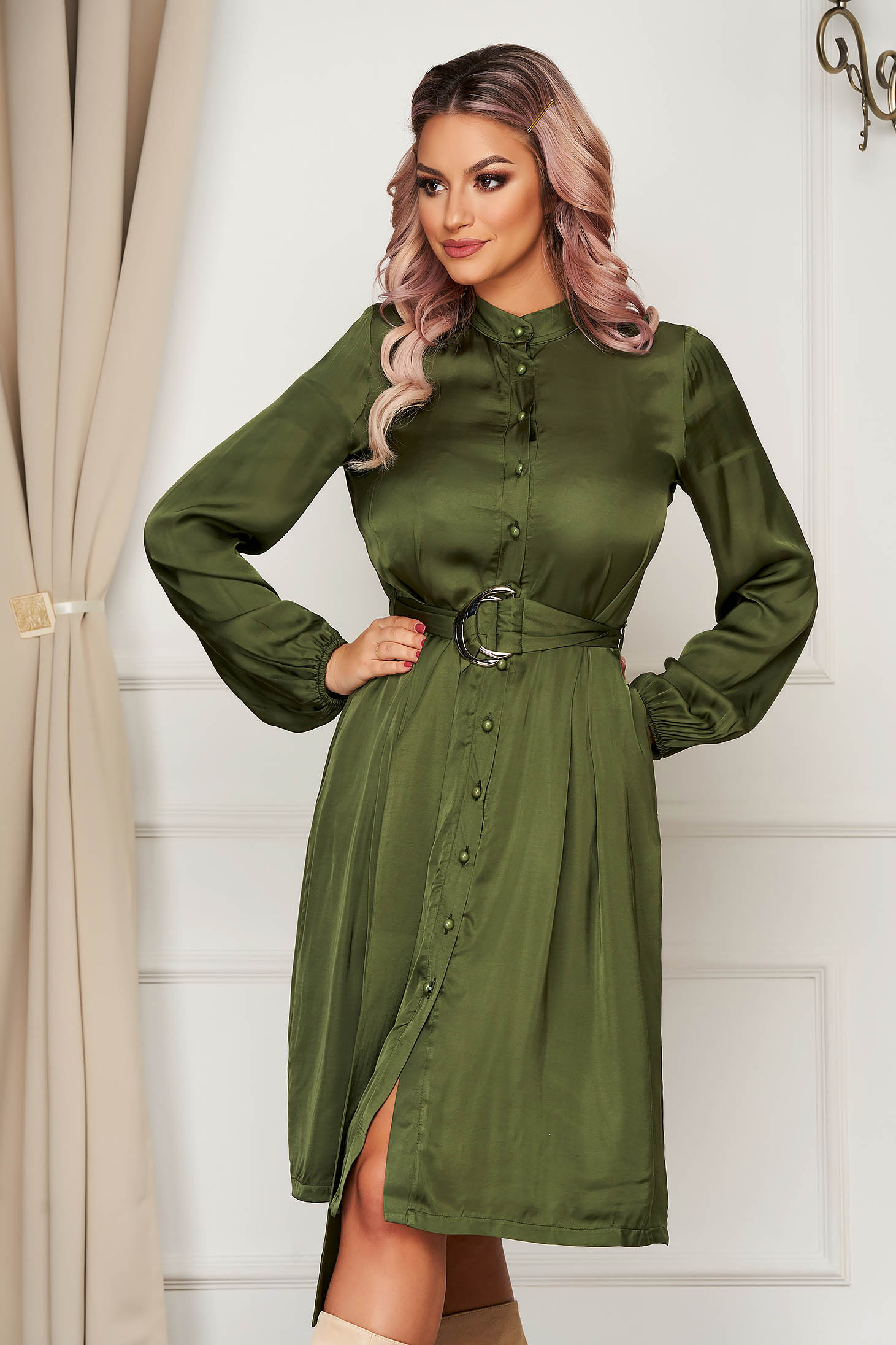 Rochie PrettyGirl khaki office midi in clos cu maneci lungi