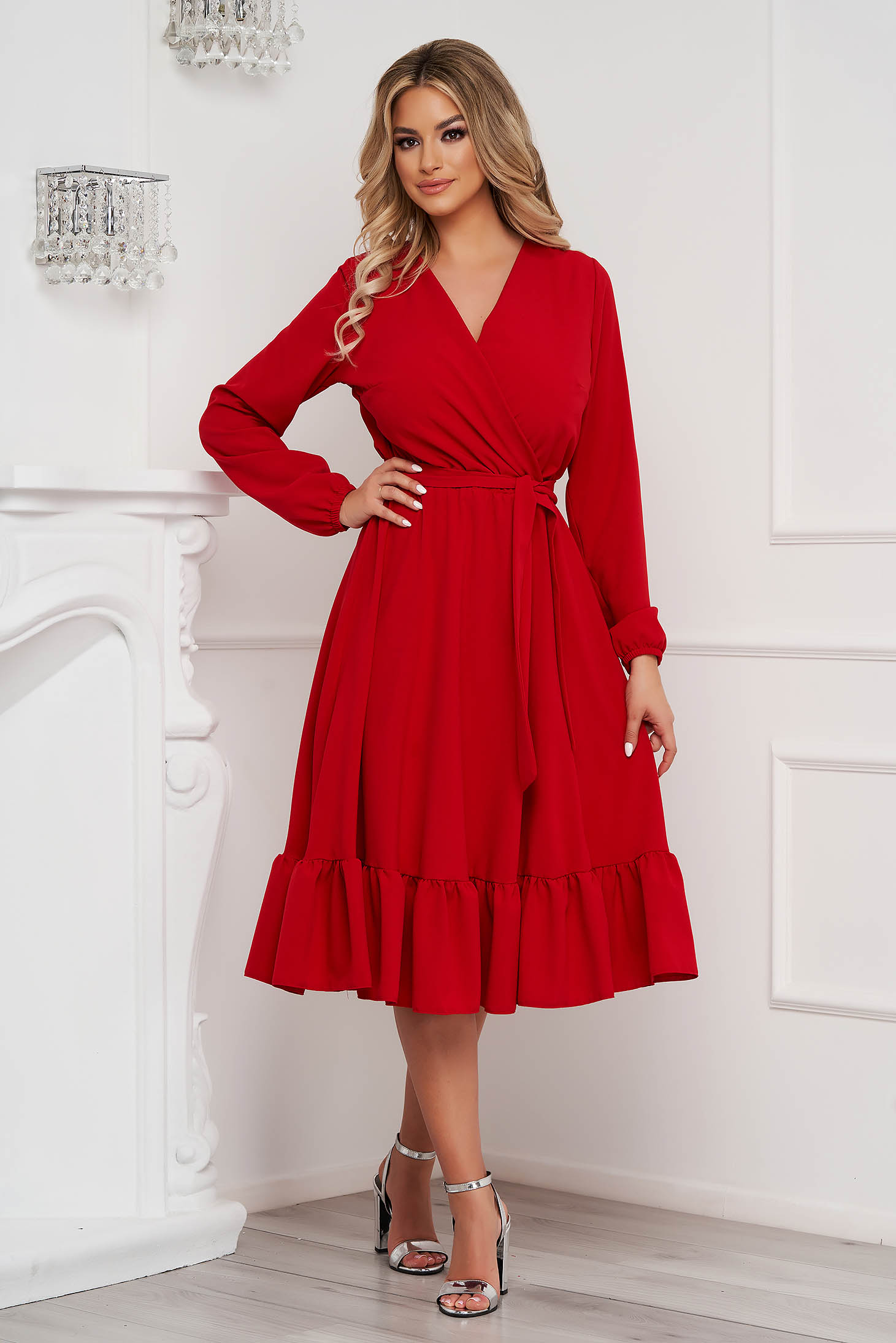Dress StarShinerS red elegant midi wrap over front with elastic waist accessorized with tied waistband