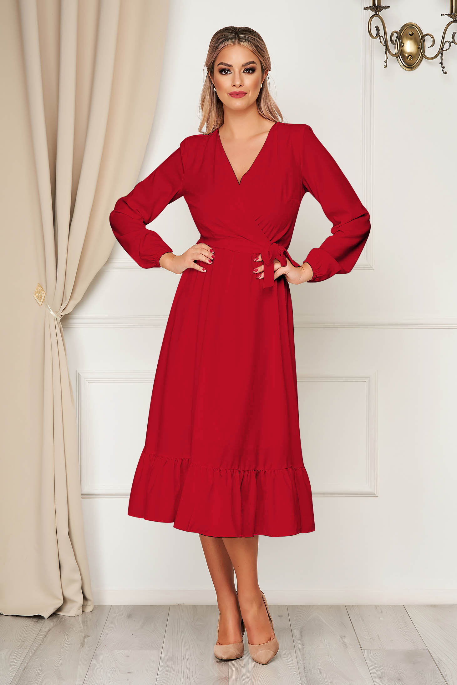 Rochie StarShinerS rosie eleganta midi decolteu petrecut cu elastic in talie accesorizata cu cordon