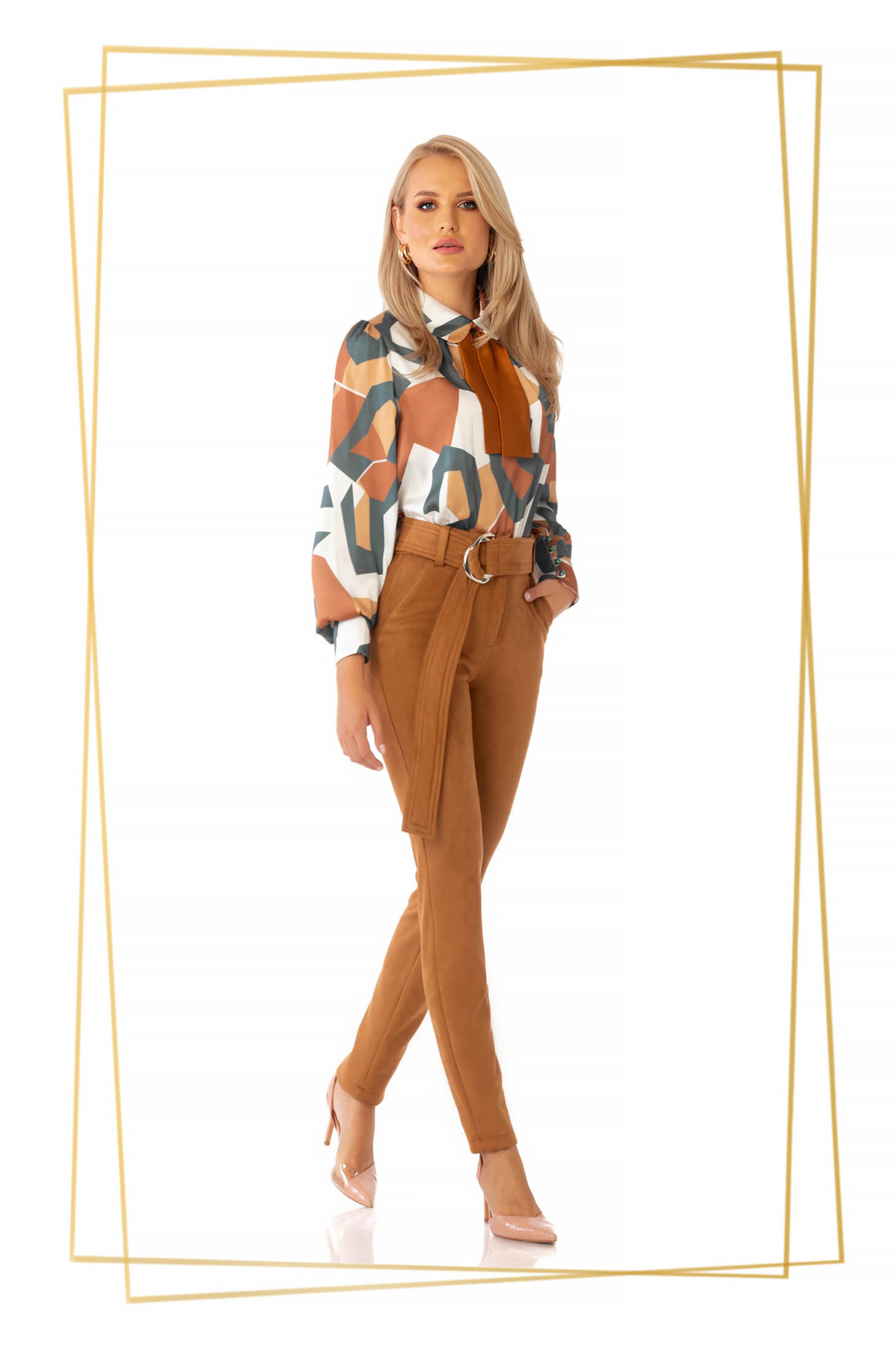 Pantaloni PrettyGirl din piele intoarsa maro eleganti conici cu talie inalta accesorizati cu cordon