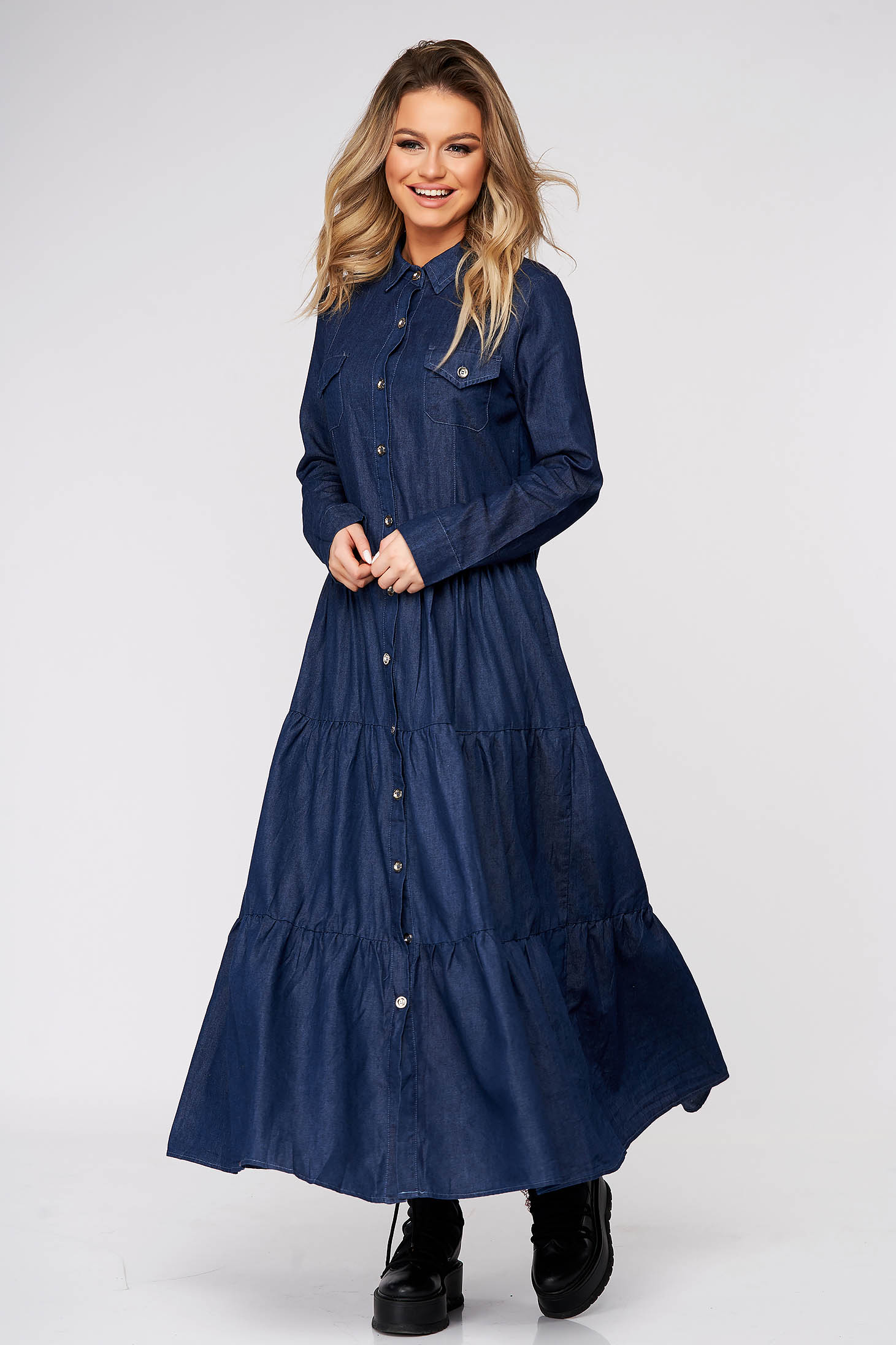 Rochie Top Secret albastru-inchis de zi cu croi larg din bumbac neelastic