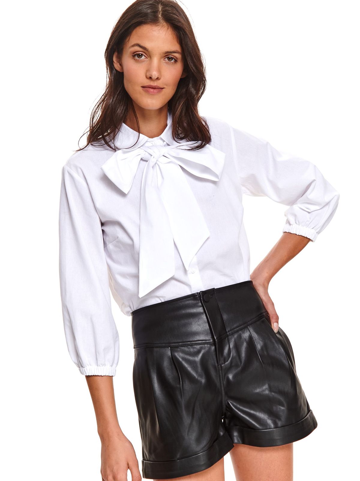White women`s shirt casual flared with bow with 3/4 sleeves