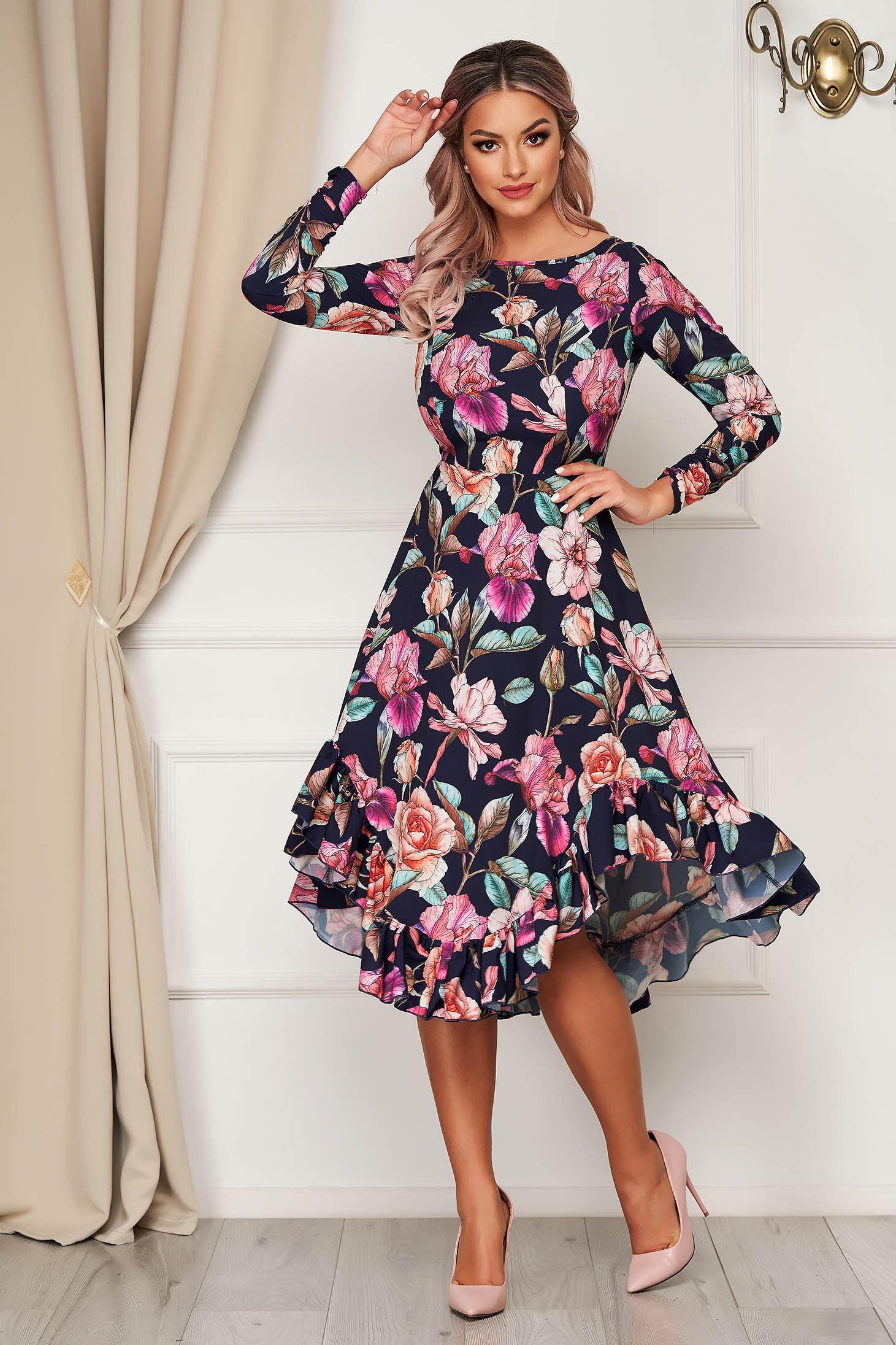 Rochie StarShinerS neagra eleganta asimetrica in clos din material subtire