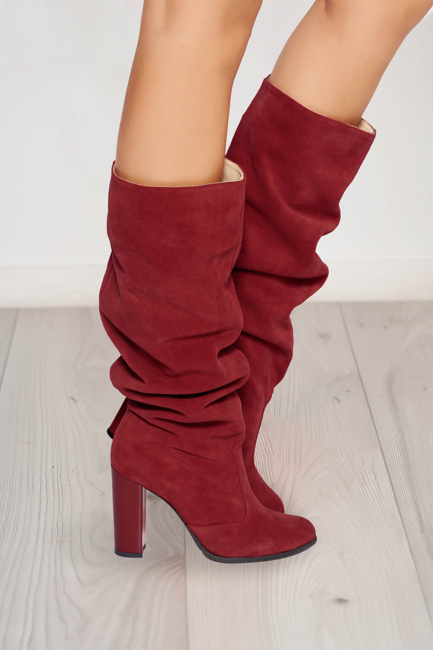 Burgundy casual boots chunky heel natural leather