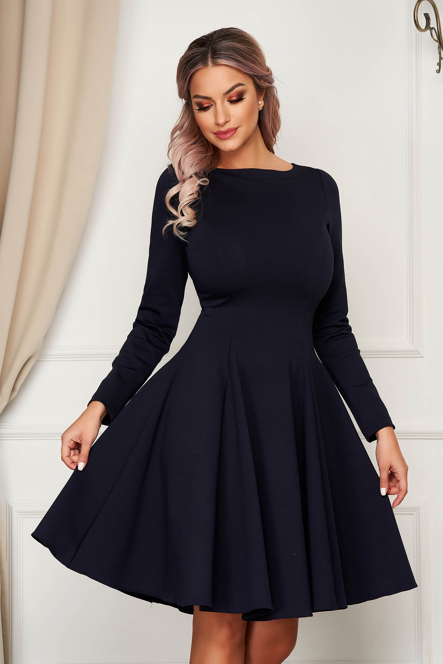 Rochie StarShinerS albastru-inchis midi de zi in clos din material usor elastic