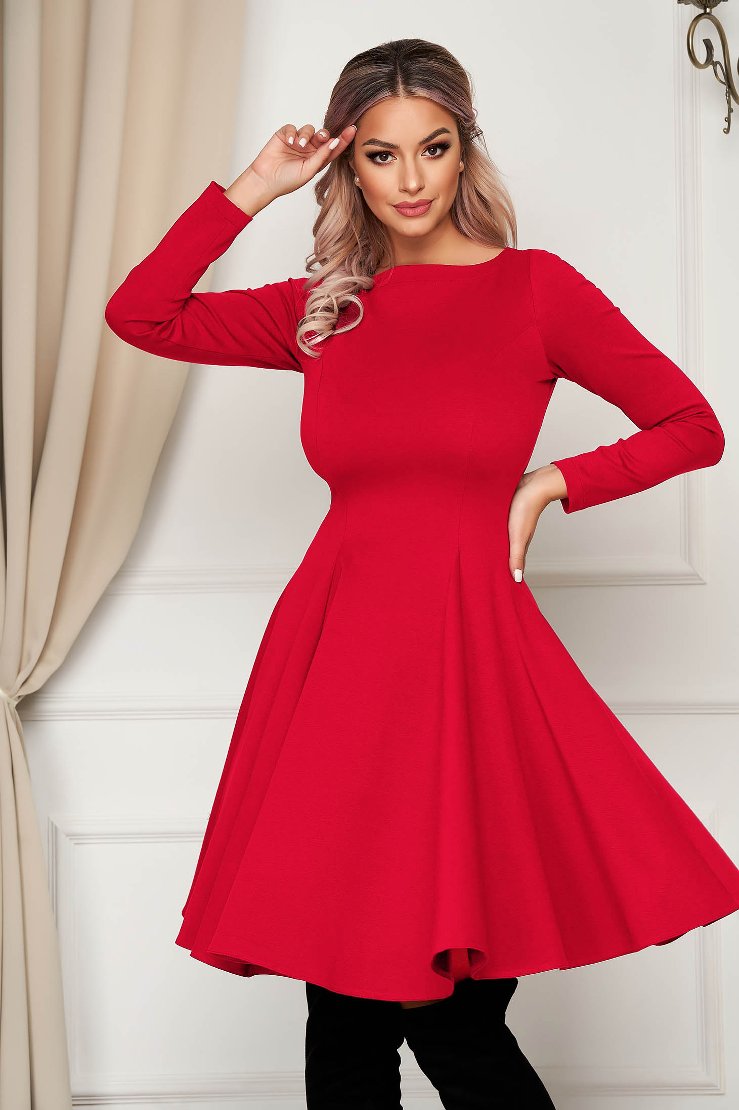 Midi red daily dress StarShinerS cloche slightly elastic fabric