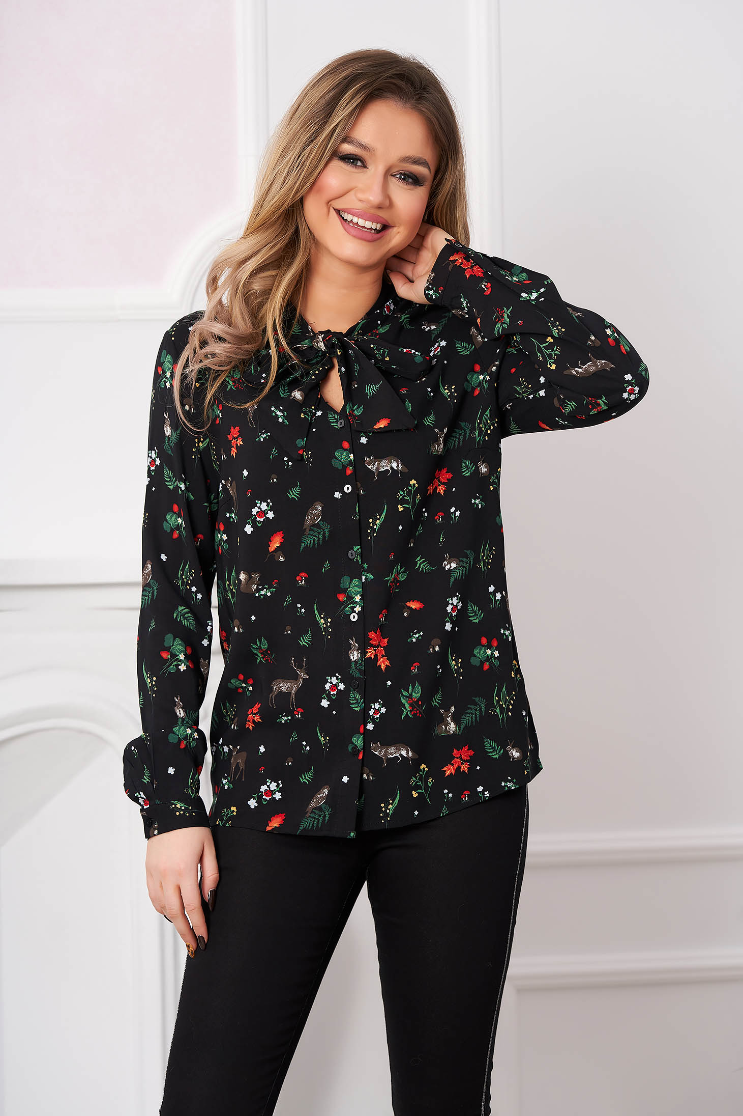 Camasa dama Top Secret neagra casual cu maneci lungi si guler tip esarfa