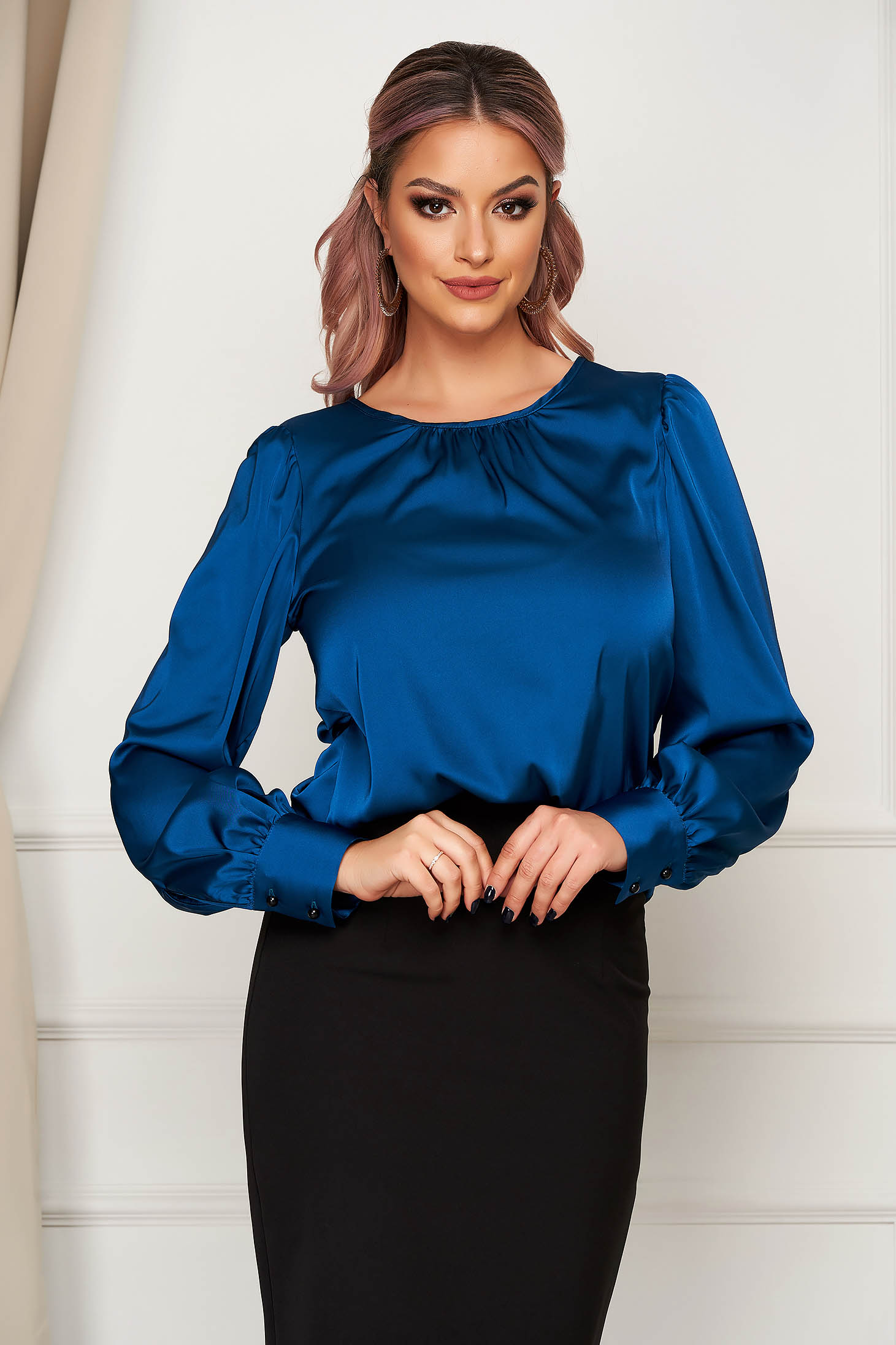 Bluza dama Artista verde petrol office cu croi larg din material satinat