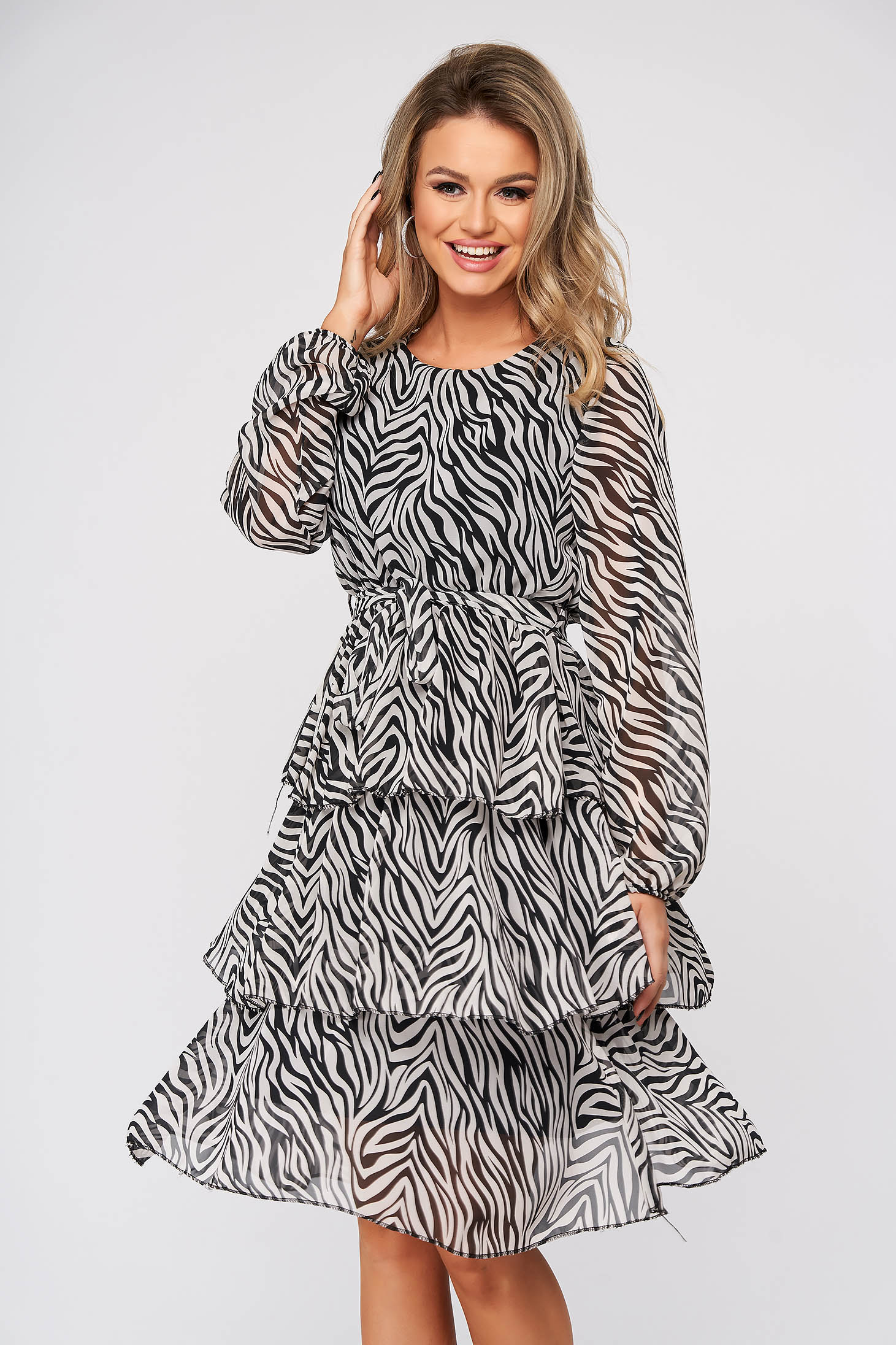 Rochie SunShine zebra print scurta de zi din voal in clos cu volanase