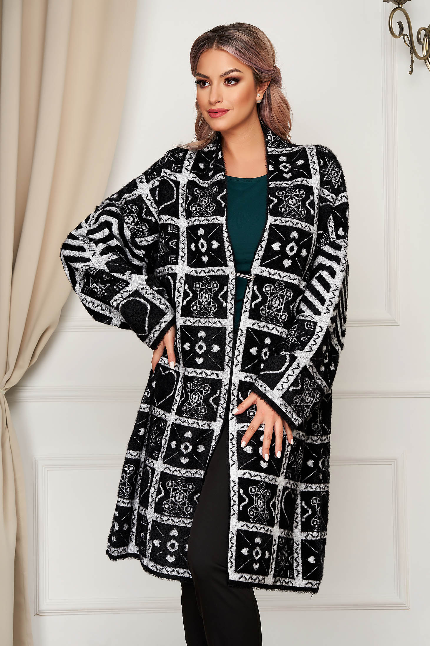 Cardigan SunShine negru elegant lung din lana si angora cu croi larg