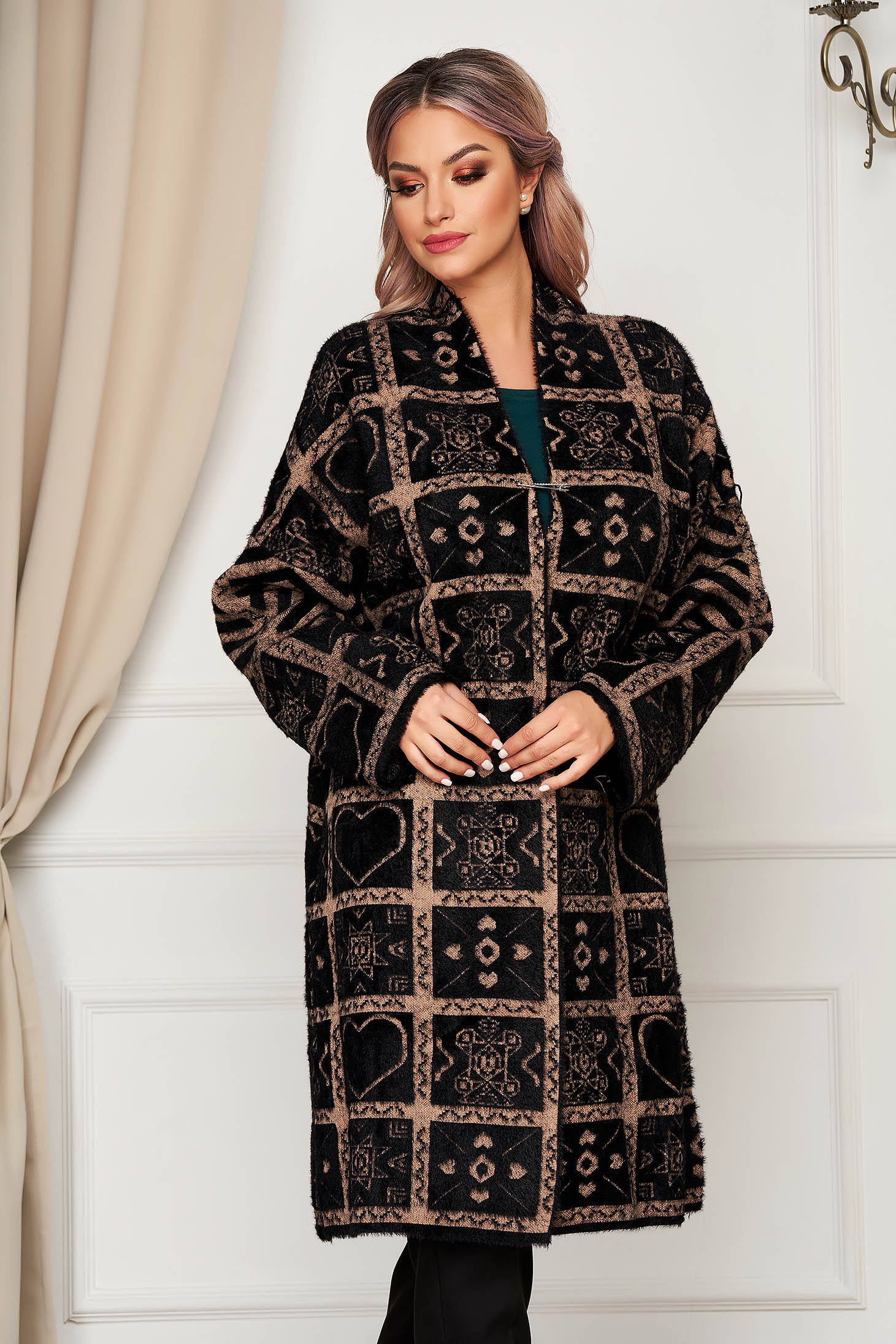 Cardigan SunShine maro elegant lung din lana si angora cu croi larg