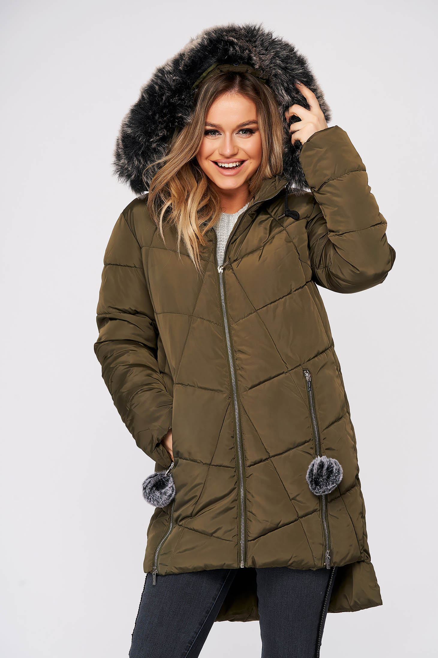 Geaca Top Secret verde casual midi asimetrica din fas