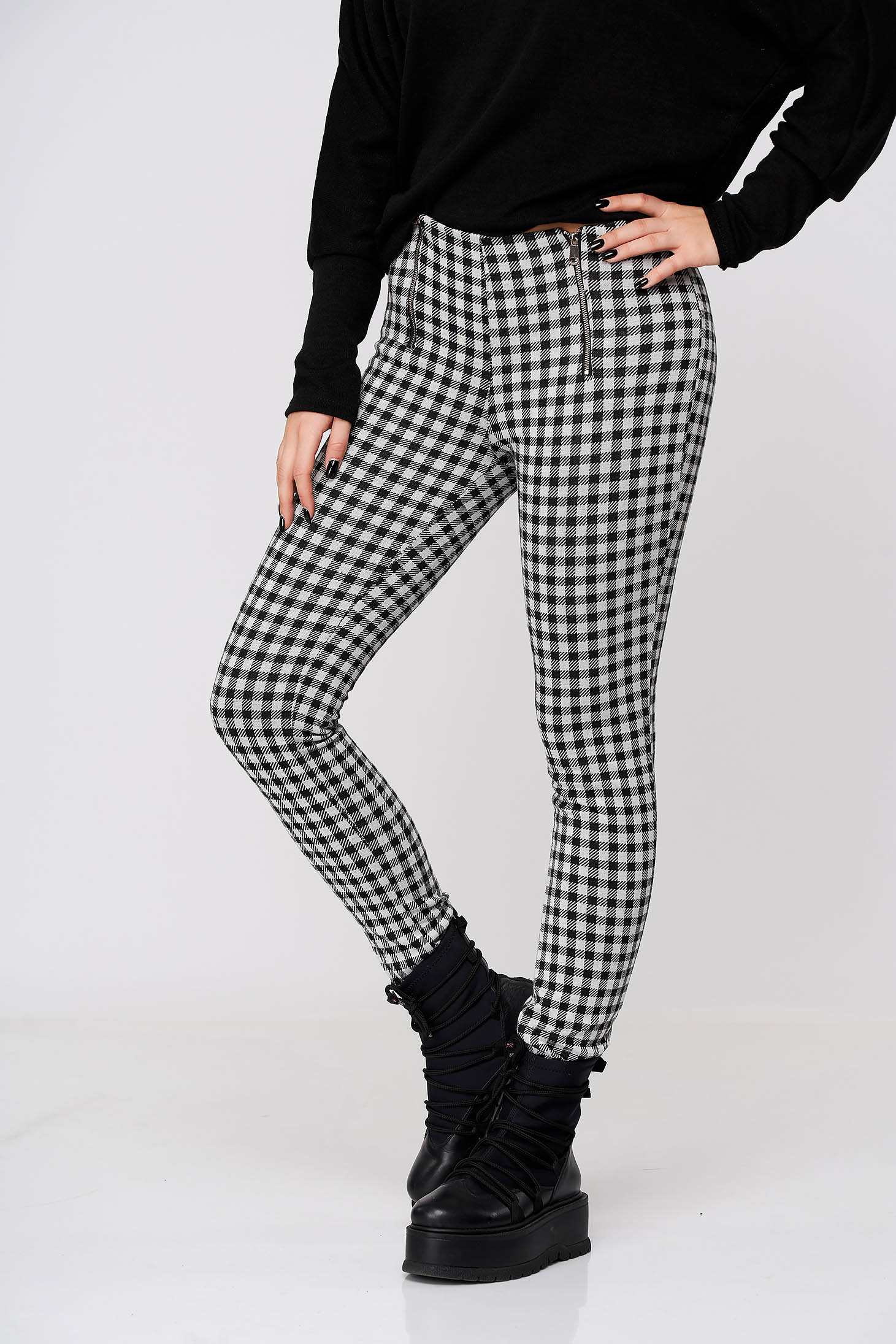 Pantaloni SunShine negri casual conici din material usor elastic cu talie medie