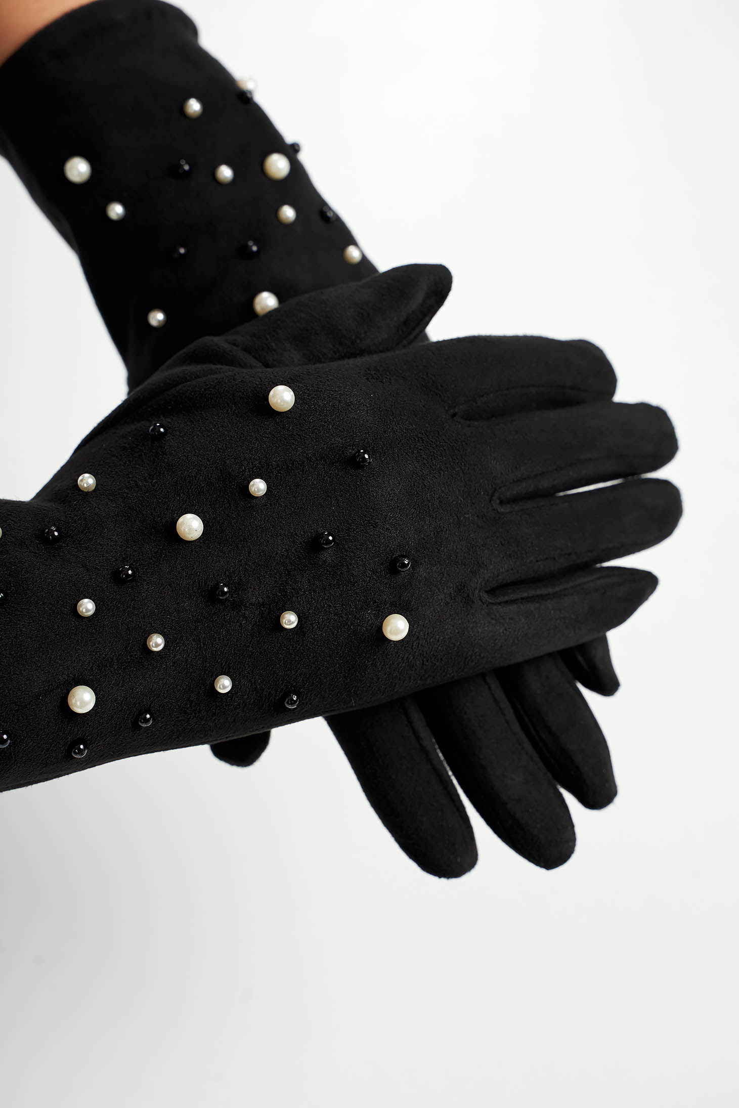 Manusi dama SunShine negre din material catifelat cu aplicatii cu perle