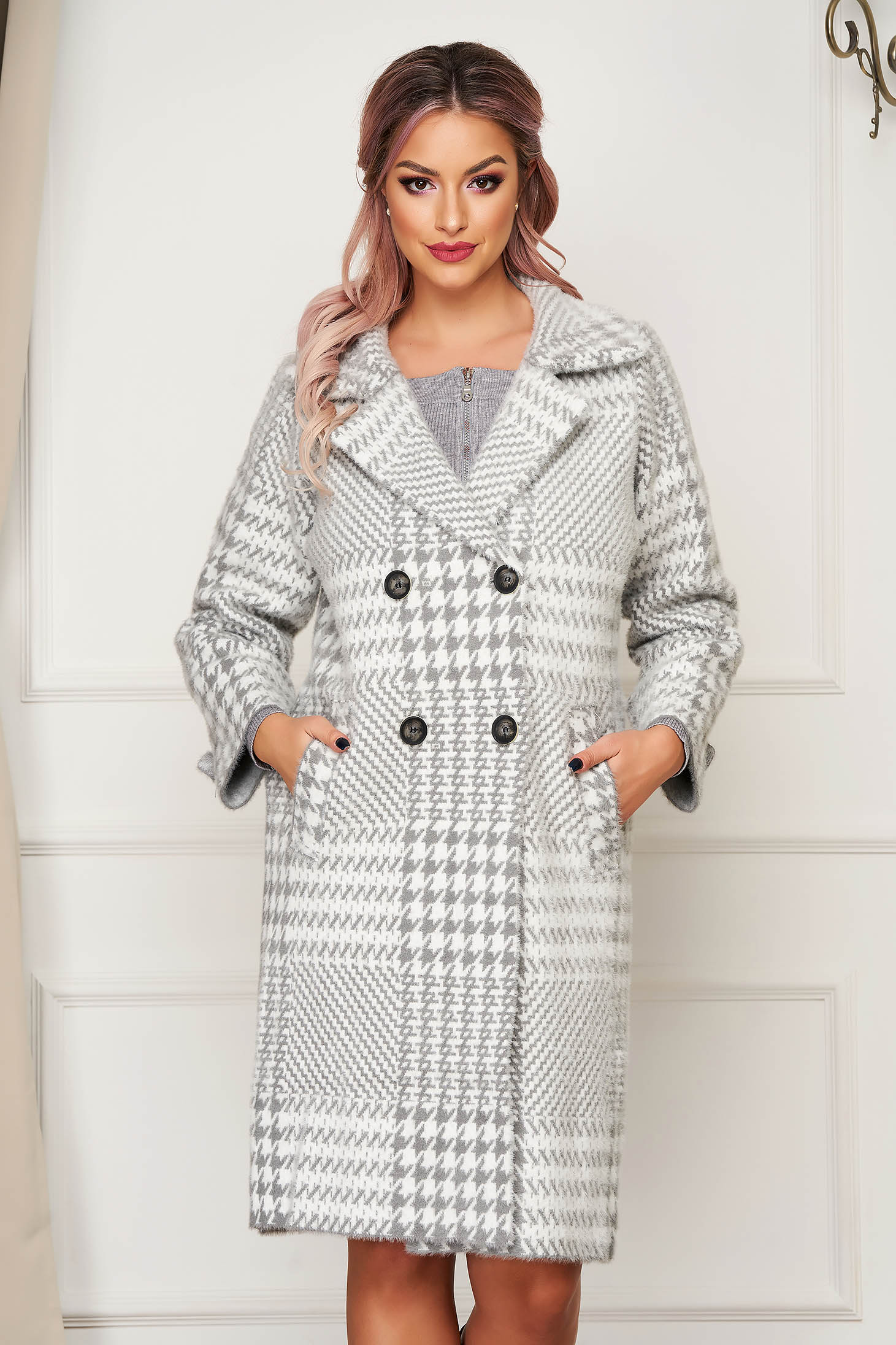 Palton SunShine gri elegant din lana cu croi larg in carouri
